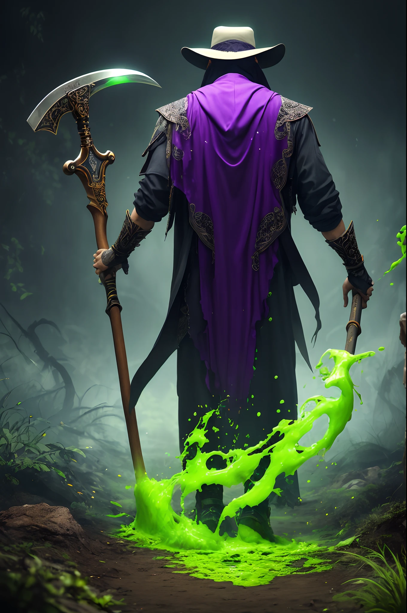 Intricate details of a reaper, Style-Necromancy, reaper of a necromancer mage shrouded in green energy, NecromancyAI, full body, 1boy, green mist coming out of the eyes (wearing a bucket hat: 1.7), deadly, horrors (2.3), evoking an aura of death, slime splash all over the ground, a massive eclipse glow from behind, venomous snake twisted around the character, green and purple splash colors, 8k, intricate insane details, scythe and axe