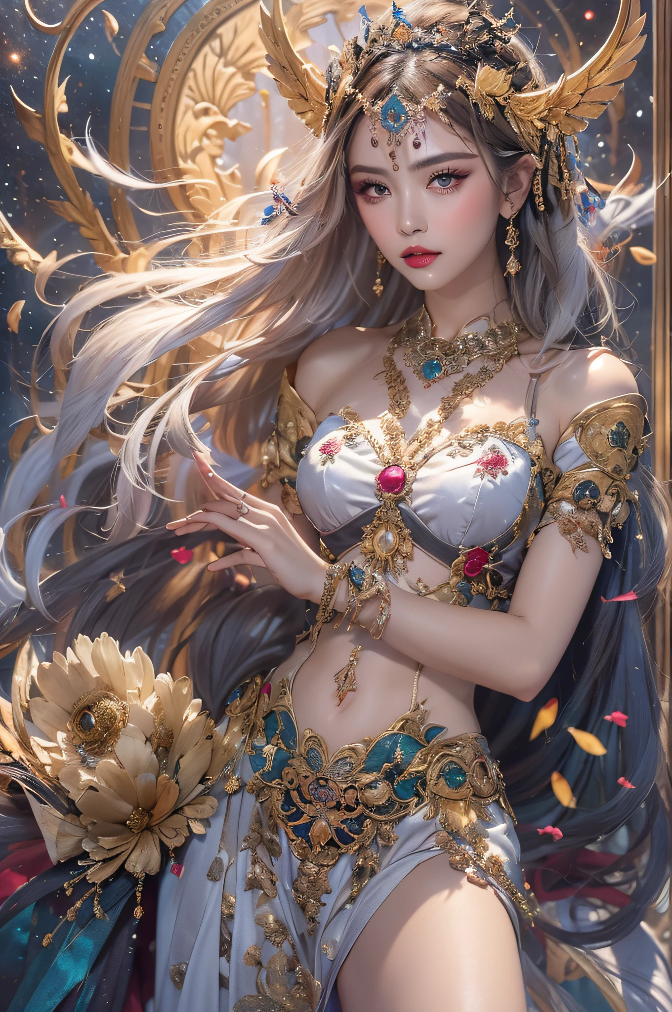 1 zodiac goddess from the future, wearing a thin silk dress, the goddess of the palace is beautiful, the goddess of the zodiac is wearing a colorful thin silk dress with sexy white and black lace trim, the goddess gives off a bow aura vibrant purple-pink zodiac, the stars have the shapes of the 12 zodiac, the goddess of the zodiac in a thin silk dress the golden zodiac with many black details, the mythical goddess of the 12 zodiac , zodiac ♏, royal zodiac style, dark and mysterious version, Full breasts, big and round breasts, well-proportioned and beautiful red lips, character by karol bak and pino daeni, intricate details, detailed background, many background objects, extremely detailed, magic light, a woman, long hair dyed in seven colors and neatly tied up, mold the face is clearly drawn without scars, the face is beautiful and the eyes are proportionate, the red lips are pretty and attractive, the eyes are big and round and the makeup is very beautiful and detailed, far focus, thin silk dress ,page hair jewelry, neck jewelry, dress jewelry, arm and thigh jewelry, goddess leg jewelry, mystical jewelry, zodiac goddess portrait, (upper body of zodiac goddess: 1.8), wings loose arms, sexy and seductive zodiac goddess, (space: 1.8), (galaxy: 1.7), aurora, lightning, (aurora background: 1.8 ), beautiful eyes, beautiful eyes photo , the goddess of beauty and flowers,