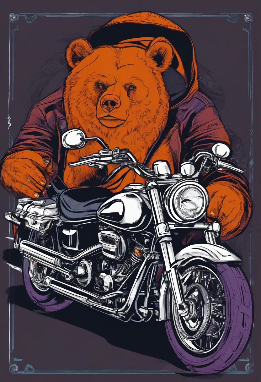 bear, leather jacket, He sits on a black Harley Davidson motorcycle, (Vivid colors: 1.5)