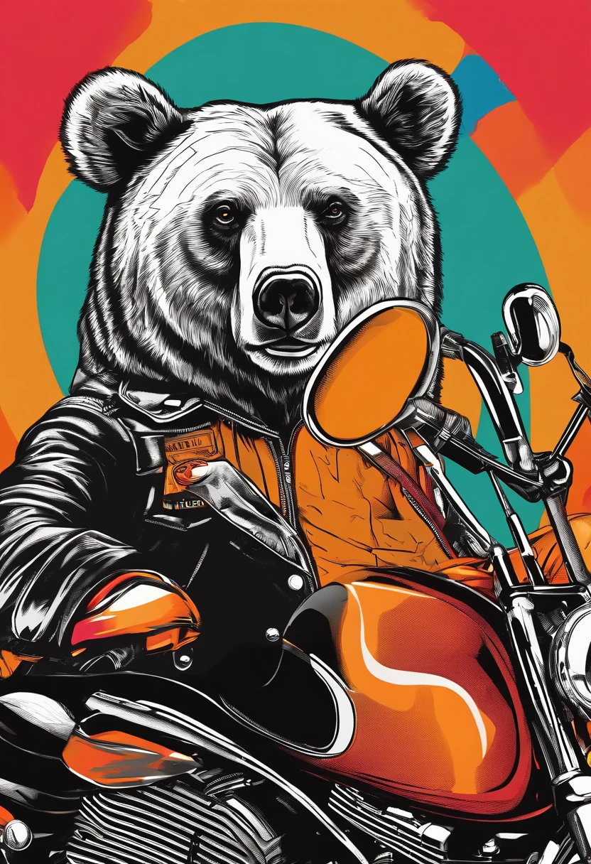 bear, leather jacket, He sits on a black Harley Davidson motorcycle, (Vivid colors: 1.5)