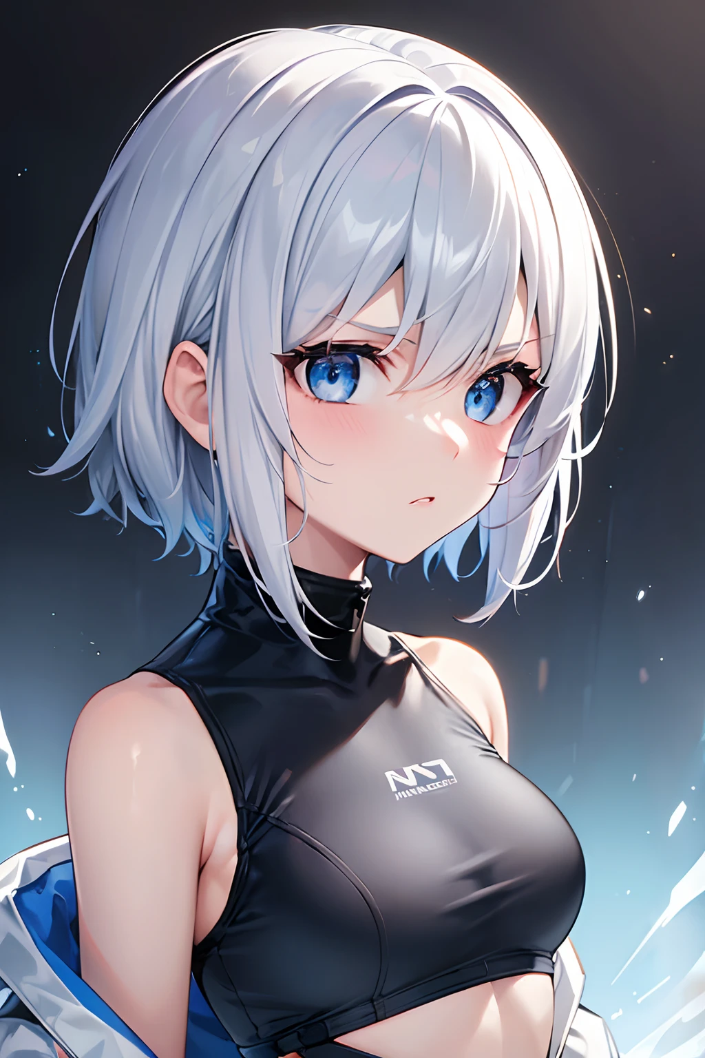 1girl, techwear swimsuit, blue eyes, white hair, ultrasharp, short hair, 8k, looking at viewer, mean stare