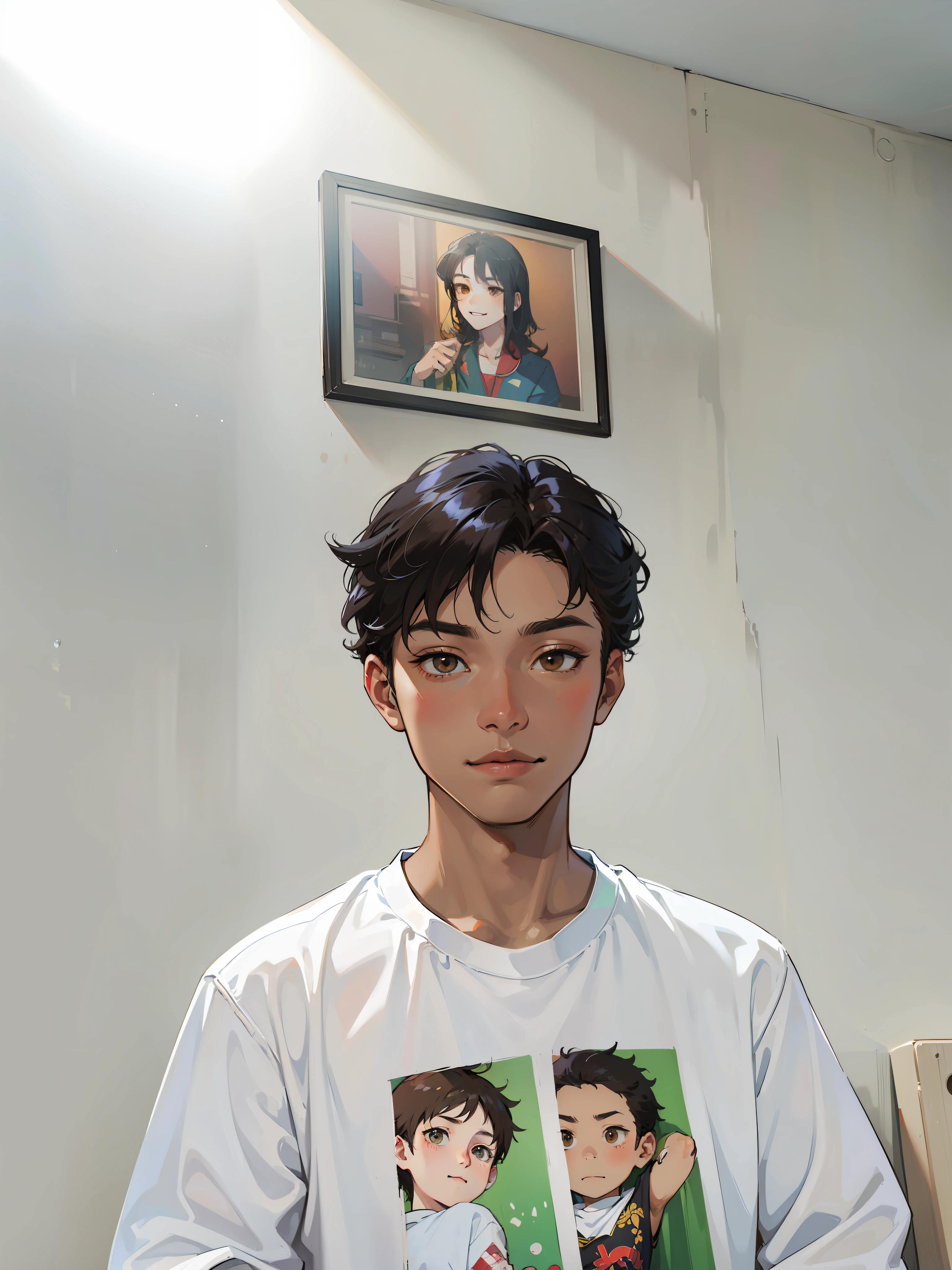 anime boy, brown skin, black short wavy hair, brown eyes, coy smirk