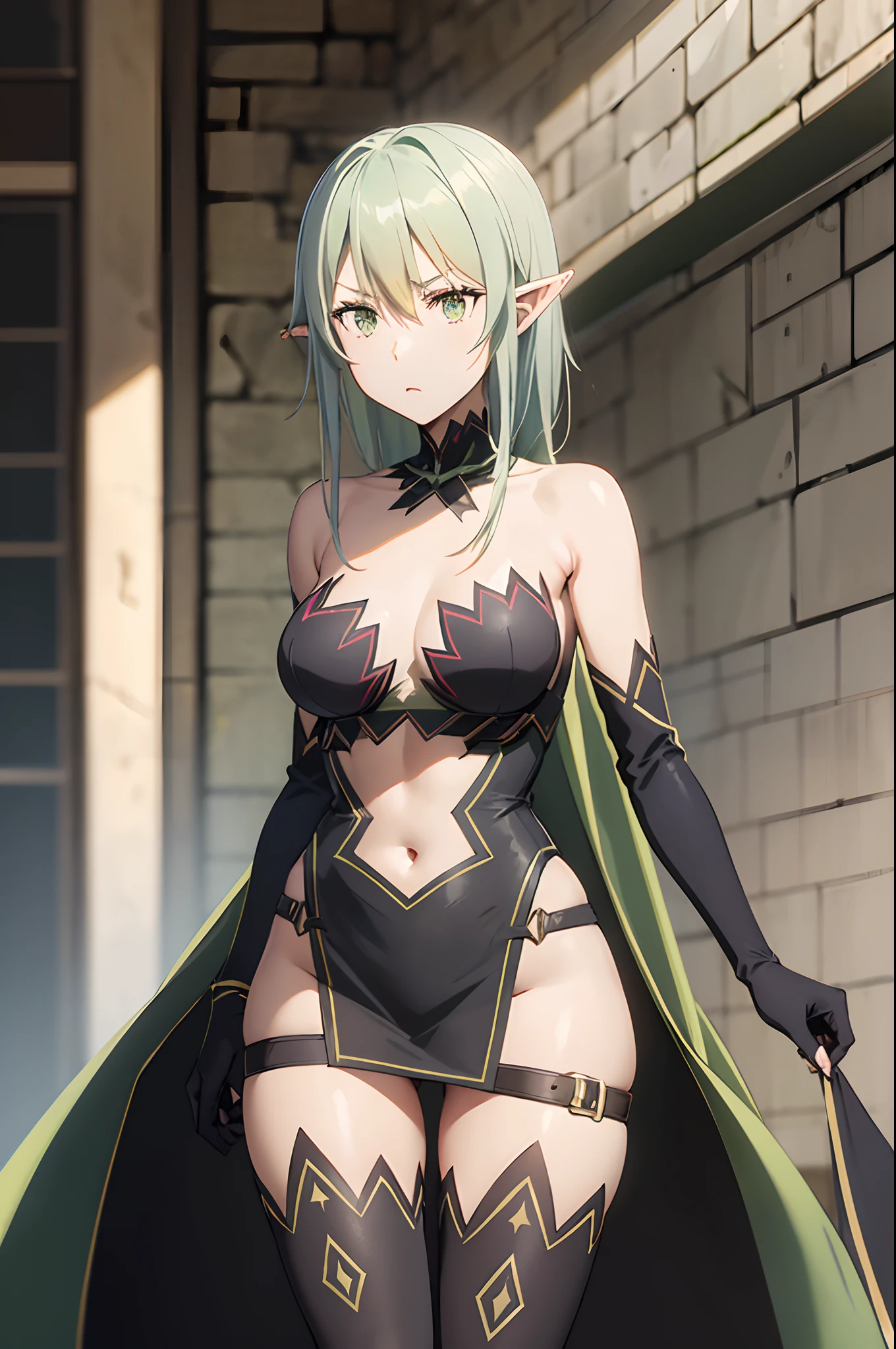 pointy ears, green hair, green eyes, short hair, short hair with long locks
green dress, sleeveless dress, black bow, black gloves, asymmetrical gloves, brown shorts, thigh boots
high elf (goblin slayer)
green dress, black bow, black gloves, asymmetrical gloves, brown shorts, thigh boots, brown cape