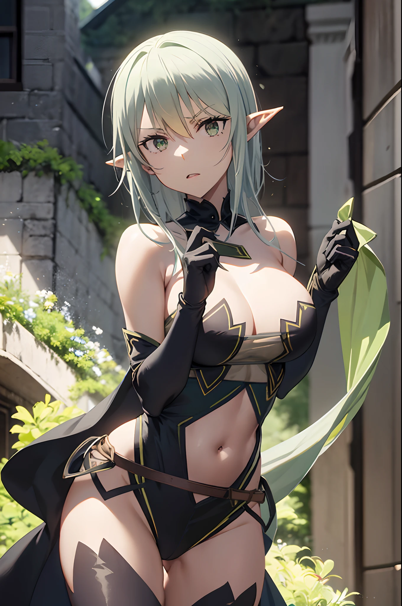 pointy ears, green hair, green eyes, short hair, short hair with long locks
green dress, sleeveless dress, black bow, black gloves, asymmetrical gloves, brown shorts, thigh boots
high elf (goblin slayer)
green dress, black bow, black gloves, asymmetrical gloves, brown shorts, thigh boots, brown cape