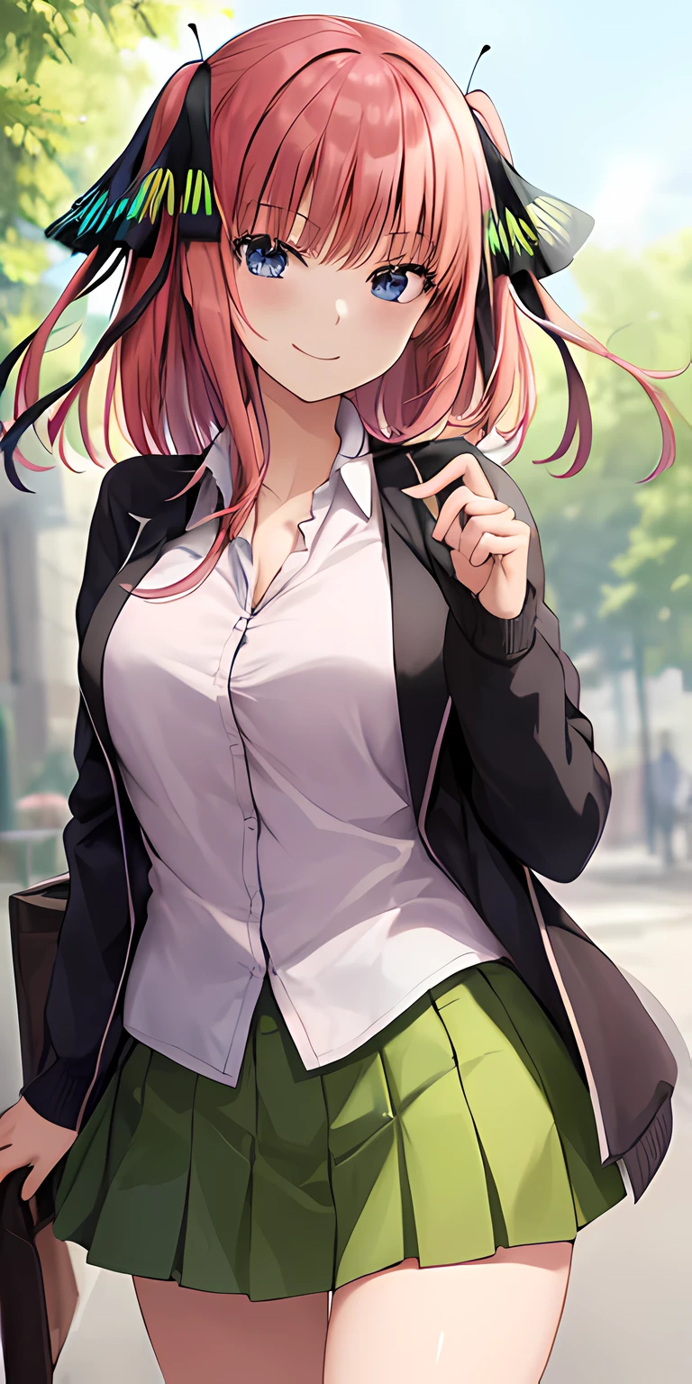 2d, masterpiece, best quality, anime, highly detailed, 1girl, solo, cowboy shot, nakano nino, pink hair, butterfly hair ornament, black cardigan, collared shirt, green skirt, miniskirt, medium breasts, standing, school, outdoors, smile