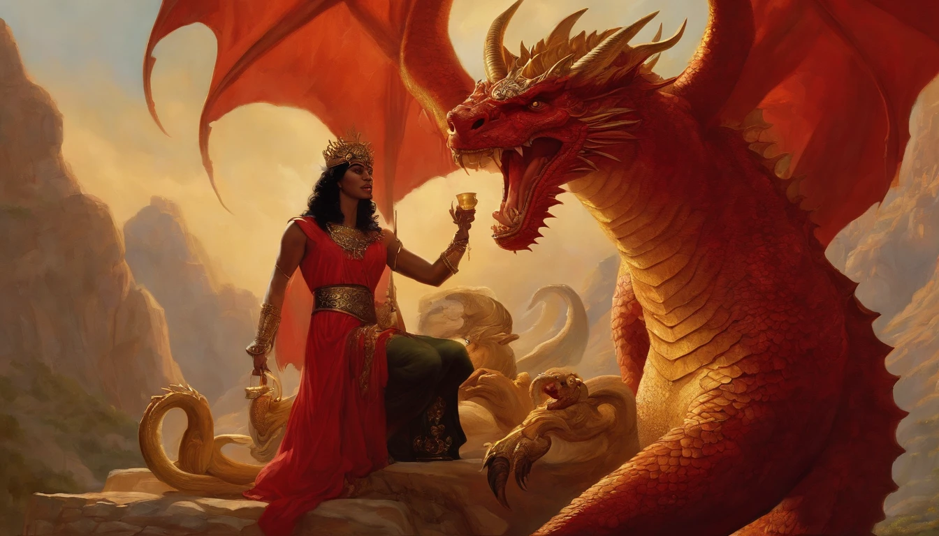 I saw a woman riding a crimson beast. The beast's body was filled with blasphemous names, seven heads, and ten horns.
She was dressed in scarlet and crimson, adorned with gold, precious stones, and pearls, and held in her hand a golden cup filled with hideous and filthy things from her fornication.
And on its forehead "Babylon the Great, the mother of all the earth's prodigals and hideous things"was symbolically written.
And I saw that she was drunk with the blood of the saints and the blood of those who were martyred for Jesus' sake.Another sign appeared in heaven. This time, a big red dragon appeared., Seven heads and, He had ten horns,, Each head was crowned, Illustration of a woman riding a dragon with a golden ball in her hand, Full-color painting, Akira in Chinese mythology, Epic Full Color Illustration, Clyde Caldwell(Clyde Caldwell)Inspired by, Aries fiery Ram Taro, Dragonlance Illustration, Gilgamesh, Tarot Card Chariot, Songs inspired by Larry Elmore, Color Illustration, Mythological works, Larry Elmore : 0. 5, victory