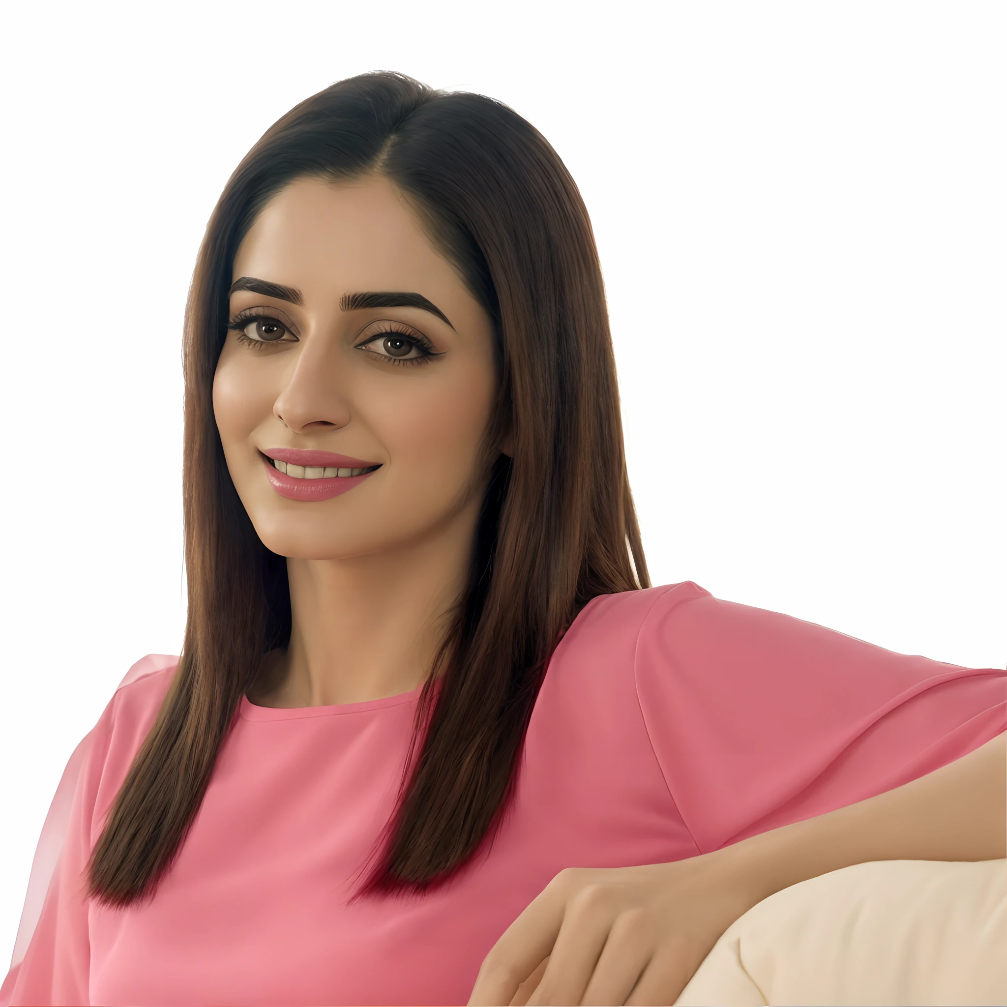 arafed woman in a pink shirt sitting on a couch, maya ali, maya ali mage, kyza saleem, vibrant feel, ad image, advertising photo, extremely graphic, portrait shot, close portrait, portrait image, detailed portrait shot, fanart, maya ali as d&d mage, digitally painted, promo image, in the background, soft natural light