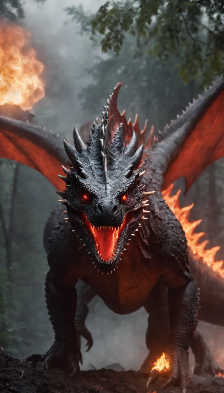 A cinematic photorealistic shot of Horned black and red (dragon|
t-rex|godzilla|venom), rectangular red neon eyes, Eye flickering, dilated pupil, scaly skin, raining Lightning, Biting a scary person, bloody snout, sharp red eyes, Muscular, angry, muscular body, angry look, veins standing out, flesh eating, foggy night environment, Fire burning the environment, Trees on fire, dark forest, dark environment, dramatic lighting, horrible, Resident Evil, silent hill, (live action shot) (moving towards camera)