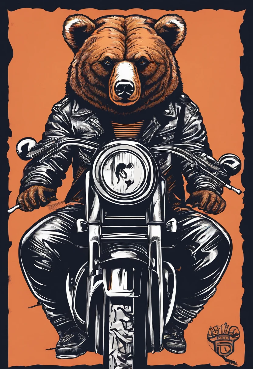 A bear wearing a leather jacket is sitting on a black Harley Davidson motorcycle. The colors are vibrant and lively.