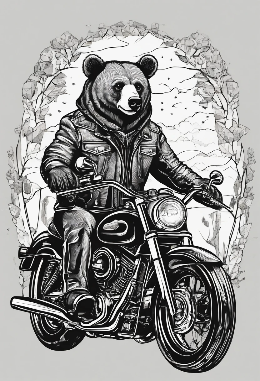 A bear wearing a leather jacket is sitting on a black Harley Davidson motorcycle. The colors are vibrant and lively.