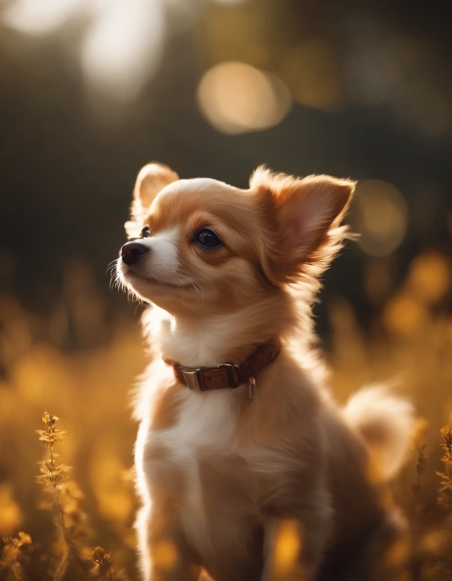 Very cute cavoodlepup illustration,8k解像度,A high resolution,超詳細,Explicit focus on Ultra HD Chihuahua very detailed character design。Edge lights、The use of soft light and solar flares should add depth and mood to the image。fluffly、A foggy light gold floral background with a subtle mist effect is ideal,Add a touch of mystery to the illustration。Vibrancy Colors should be used to bring the puppy to life,Emphasize the puppy's fluff and character