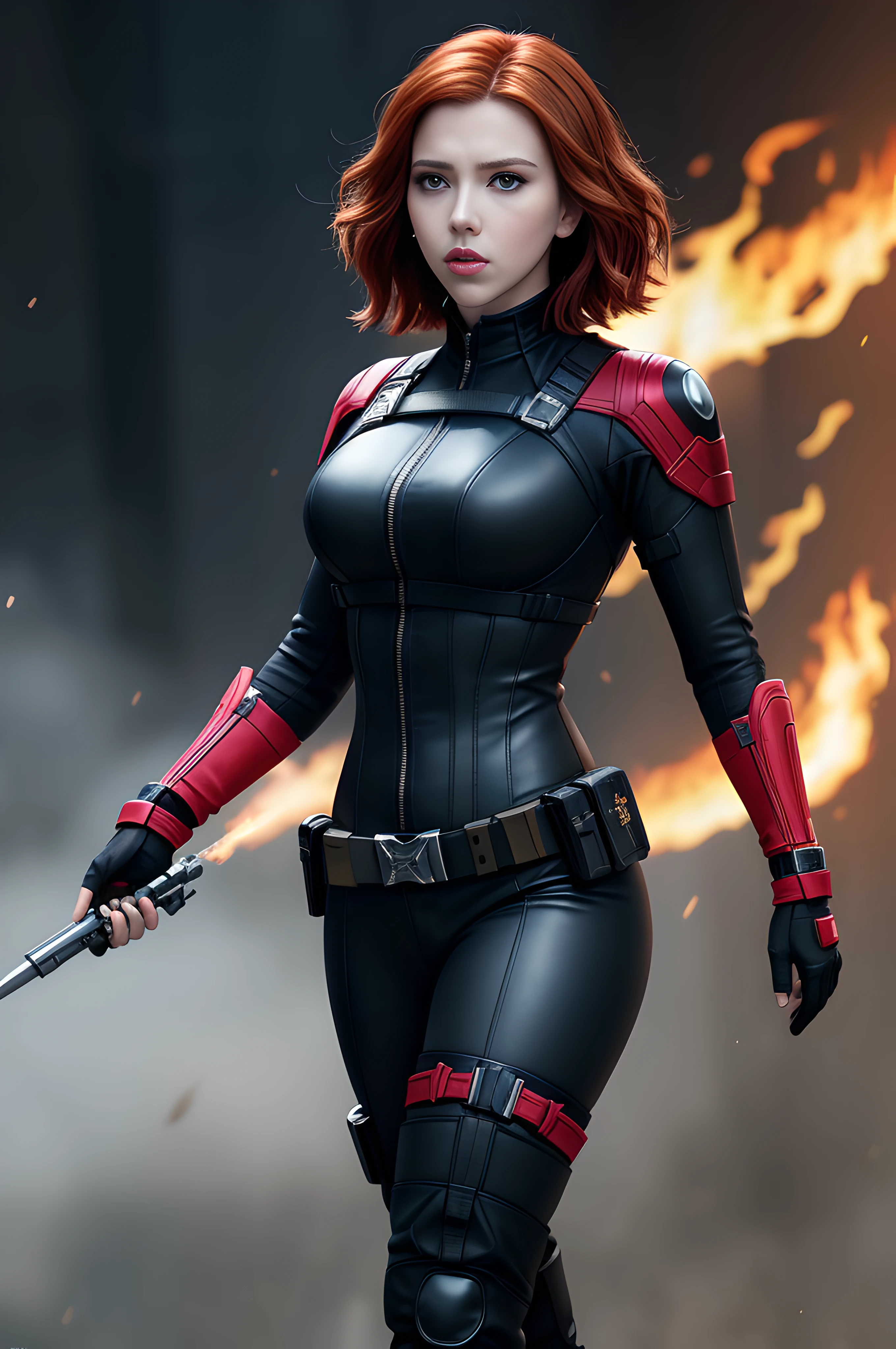 Scarlett Johansson aka Black Widow with auburn hair, wearing a skintight, formfitting black full body bodysuit with wrist gauntlets, gloves, a utility belt, and pistol belt, knee-high boots. 32k, UHD, hyper realistic, photorealistic, realistic, lifelike, real life, professional quality, hyper detail, extremely beautiful, fire light background, in the art style of Leonardo De Vinci