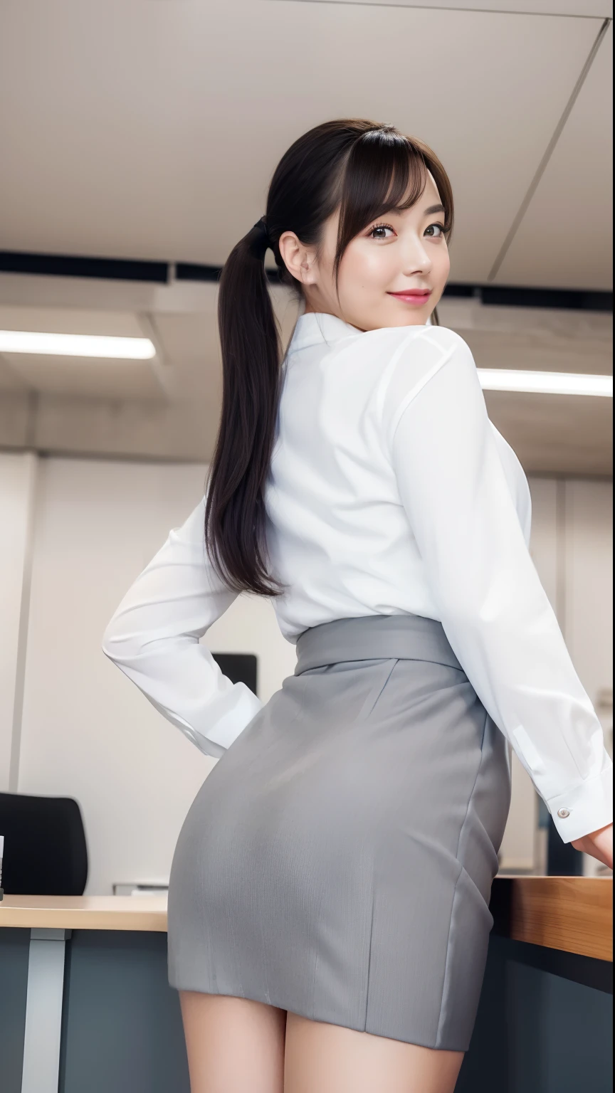 (Best quality, 8k, 32k, Masterpiece, UHD:1.2), 1 beautiful girl, ((close up:0.6)), beautiy Japanese office lady, (smile:0.5), (looking at the viewer), a bit chubby:0.65, grey suit, grey mini skirt, white shirt, office room, desk, detailed beautiful face, pony-tail hair, from below,