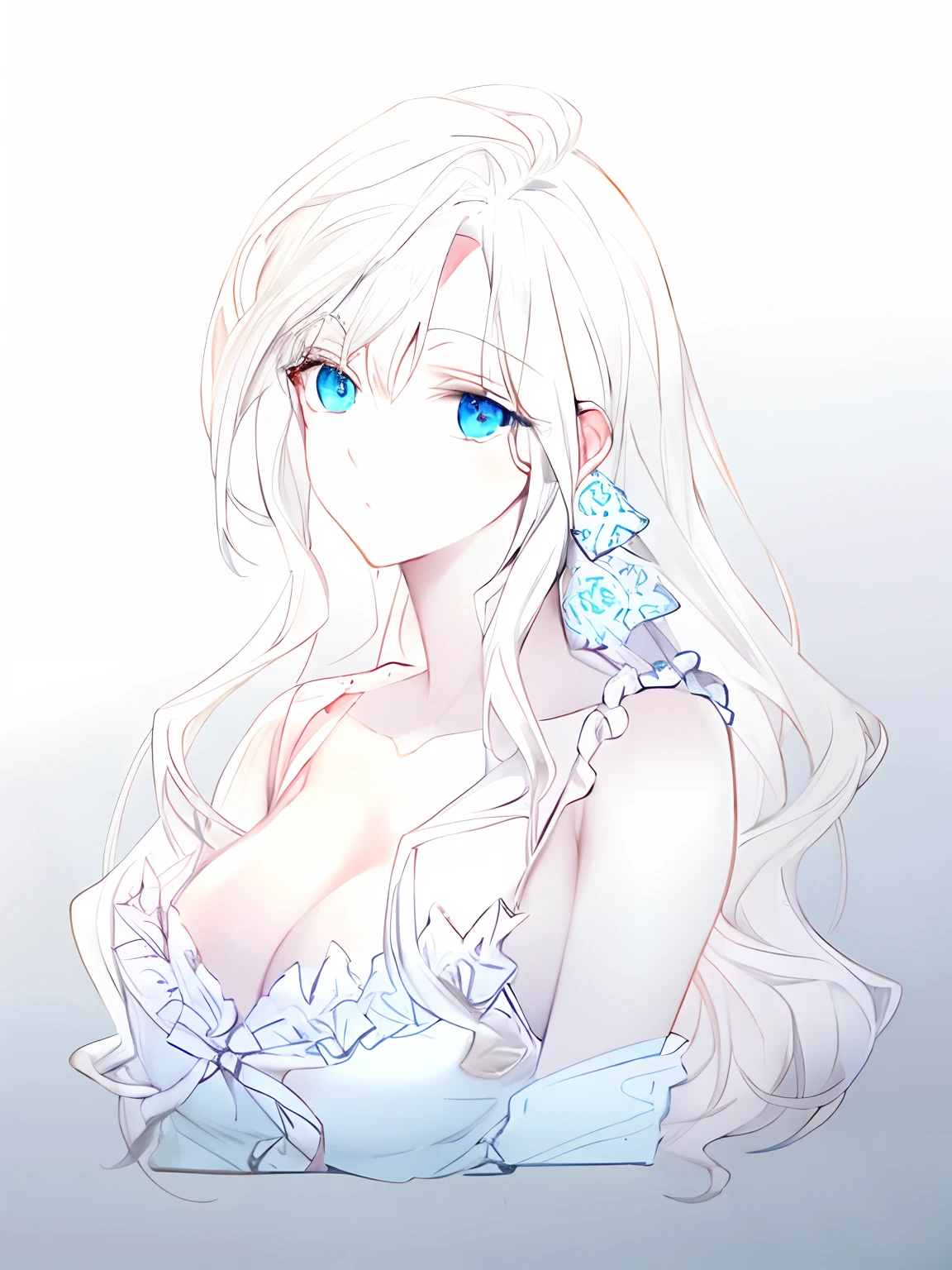beautiful girl, white skin, Platinum blonde hair, light blue eyes, white dress