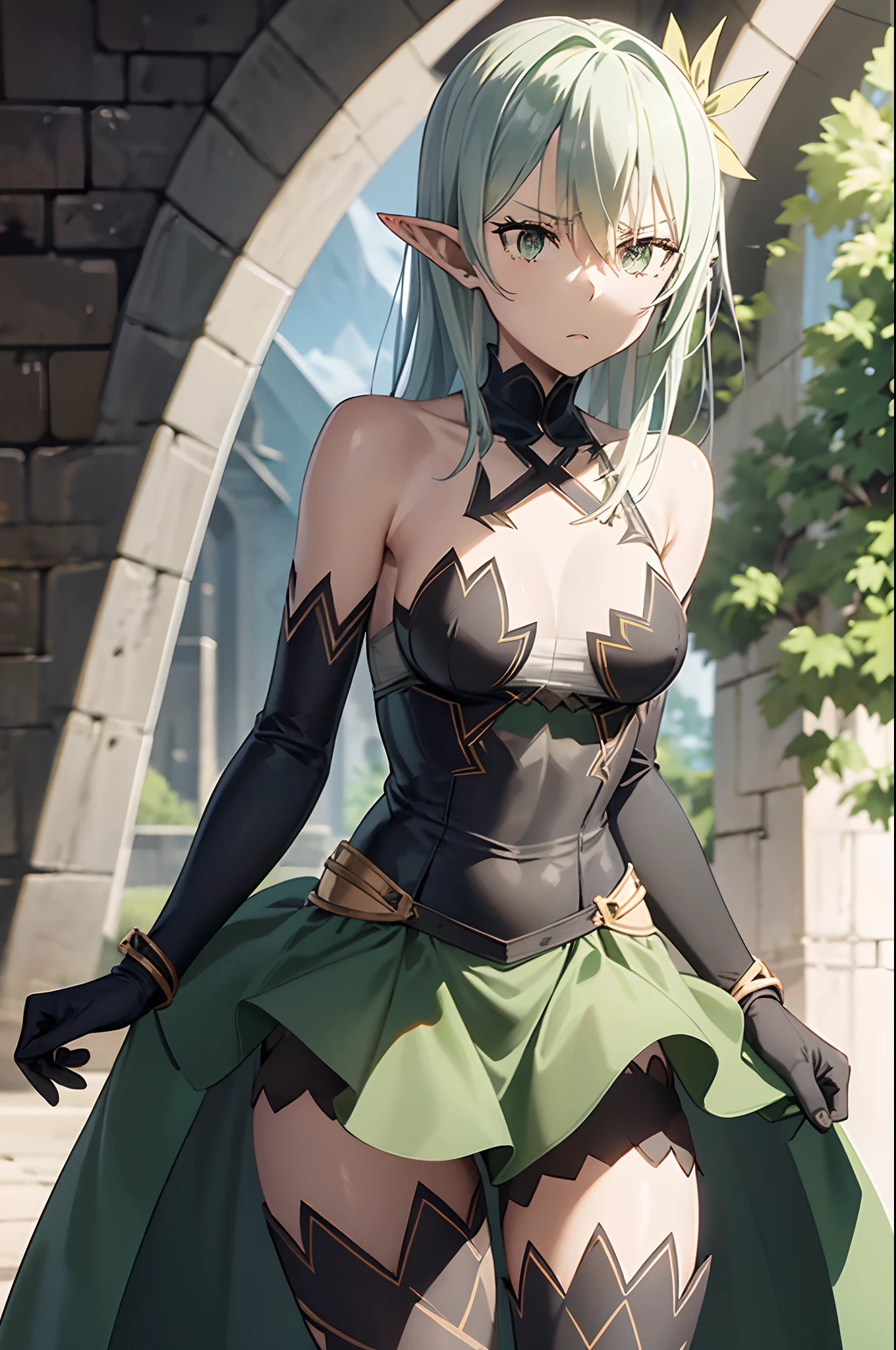 pointy ears, green hair, green eyes, short hair, short hair with long locks
green dress, sleeveless dress, black bow, black gloves, asymmetrical gloves, brown shorts, thigh boots
high elf (goblin slayer)
green dress, black bow, black gloves, asymmetrical gloves, brown shorts, thigh boots, brown cape