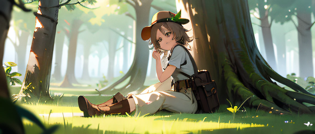 ((high quality)), ((masterpiece)), 8k, bulletproof vest, light, extremely detailed CG unity 8k wallpaper, game cg, absurd, high resolution, super detailed, (1 girl: 1.3), (sky: 1.3), (irregular clouds: 1.2) (messy hair, beautiful delicate eyes, shiny oily skin: 1.1), pretty, break, ancient forest, huge trees, peaceful grove, dappled sun, biodiversity, boots, trousers, light layers, hat, the sun is rising, I can see some sparrows, a young girl sitting and looking out, light summer clothes and a bright smile, gentle light, normal body proportions.