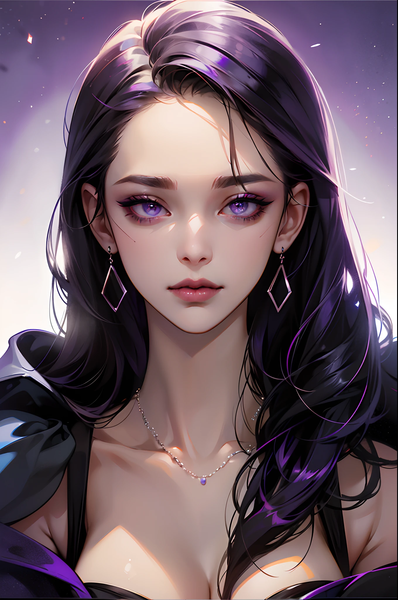Photograph, Professional full-body, (detailed face and eye:1.4), purple eyes,deep cleavages, colorful, color photography of woman, (dark makeup), necklace, earrings, (dark lipstick), partered lips, sharp focus, focus on face, insanely sharp details, extremely detailed, gigantic breasts in frame, 4K HQ, 8K, depth of field, f/1.2, leica, 8K HDR, High contrast, highly retouch, shadows, bokeh, award winning photography, best photographers.