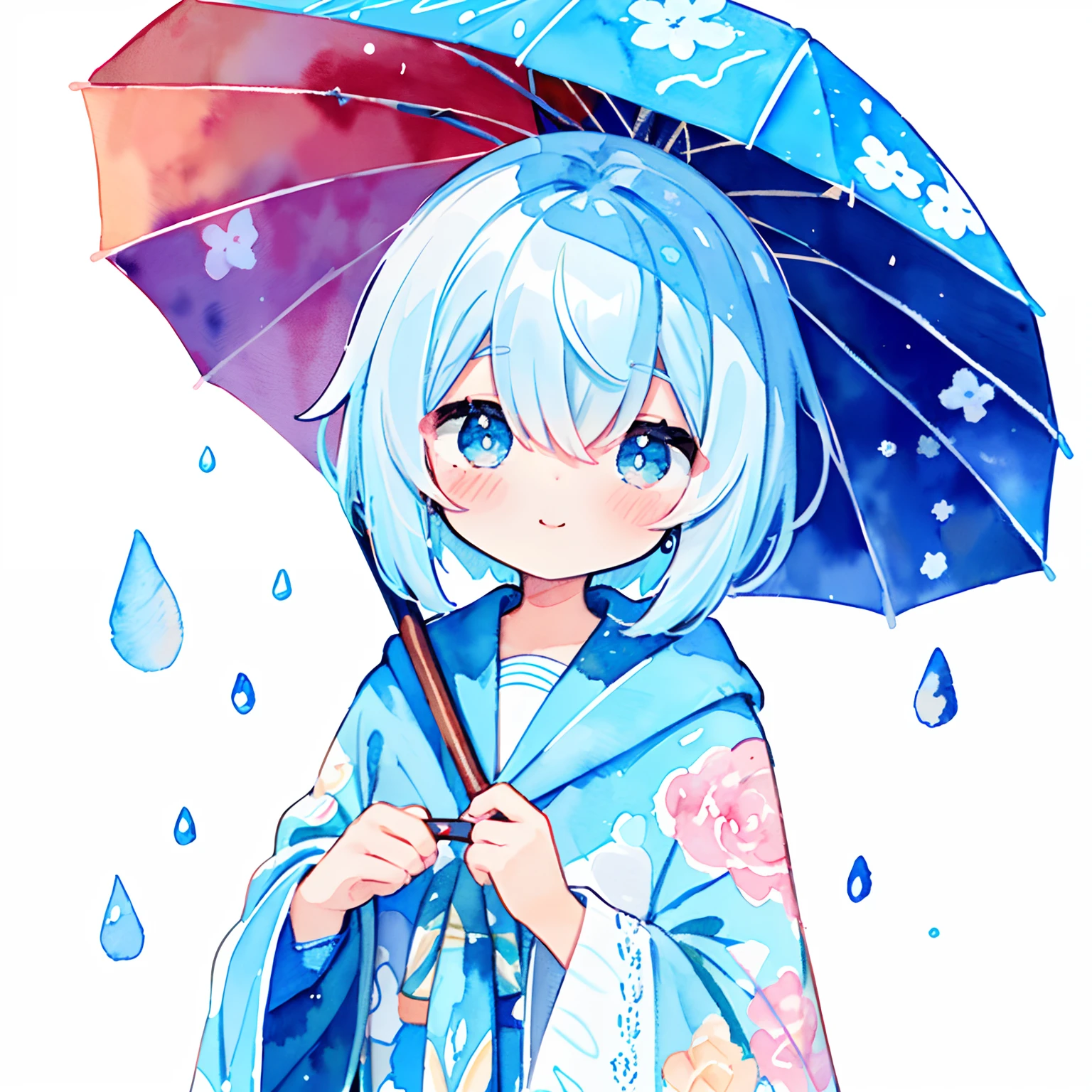 (PastelColors:1.5)、(Cute illustration:1.5)、(watercolor paiting:1.2)、(1girl in:1.0)、hair between eye、White background、girl with、full body Esbian、put up an umbrella、holding umbrella, Rain Girl, Sateen, Poncho、Blue and light blue motif、Rain motif, Blue eyes, Cute, Short hair, Smile, Poncho with rain pattern、Upper body, Fantasy, Detailed picture、A slight smil、Very cute、adolable、Toyowa Toyowa