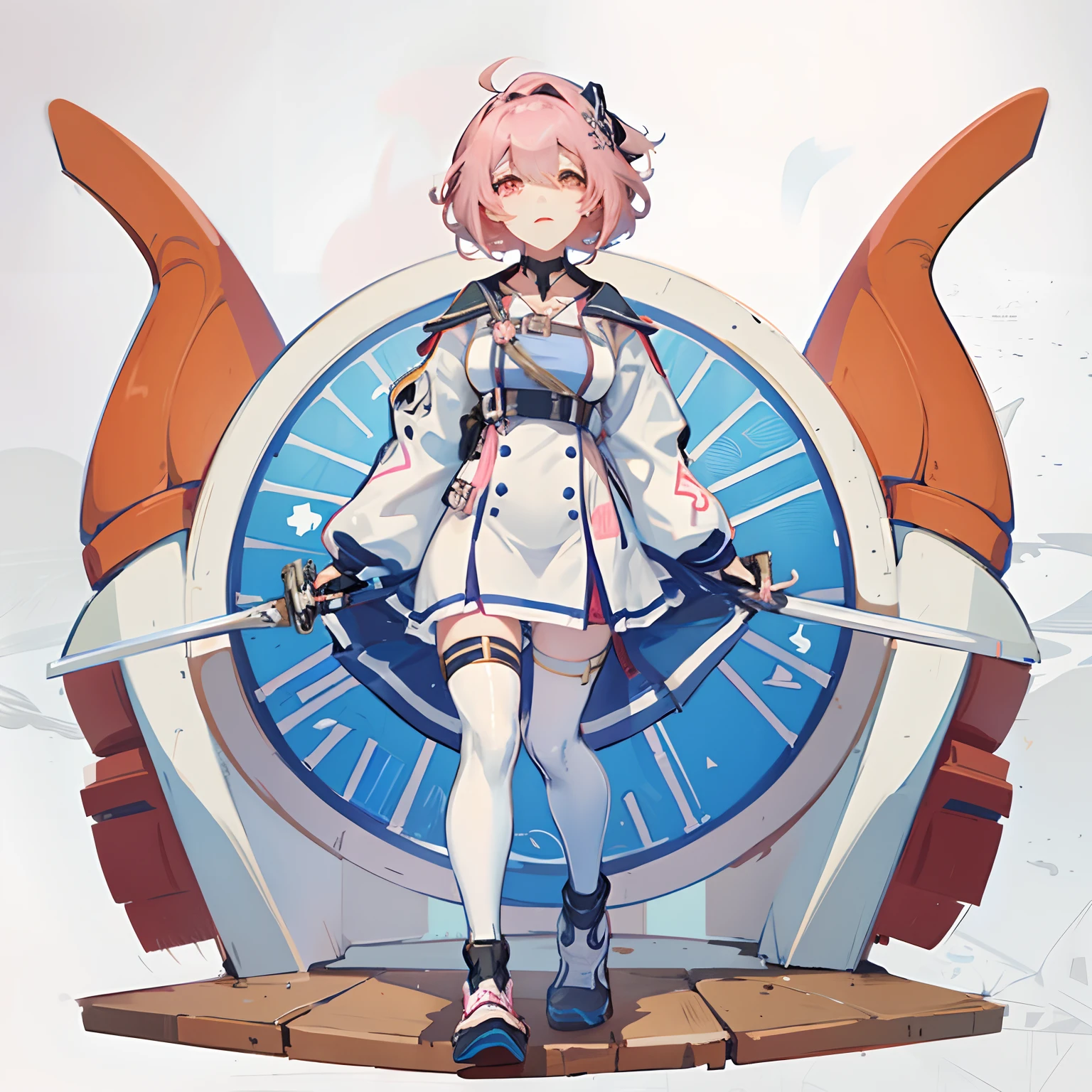 Anime characters with sword and clock in background, official character art, Kushatt Krenz Key Art Women, A scene from the《azur lane》videogame, anime fencer, official character illustration, humanoid pink female squid girl, android heroine, Stylized anime, symetry!! concept-art, Female protagonist 👀 :8, offcial art, high detailed official artwork