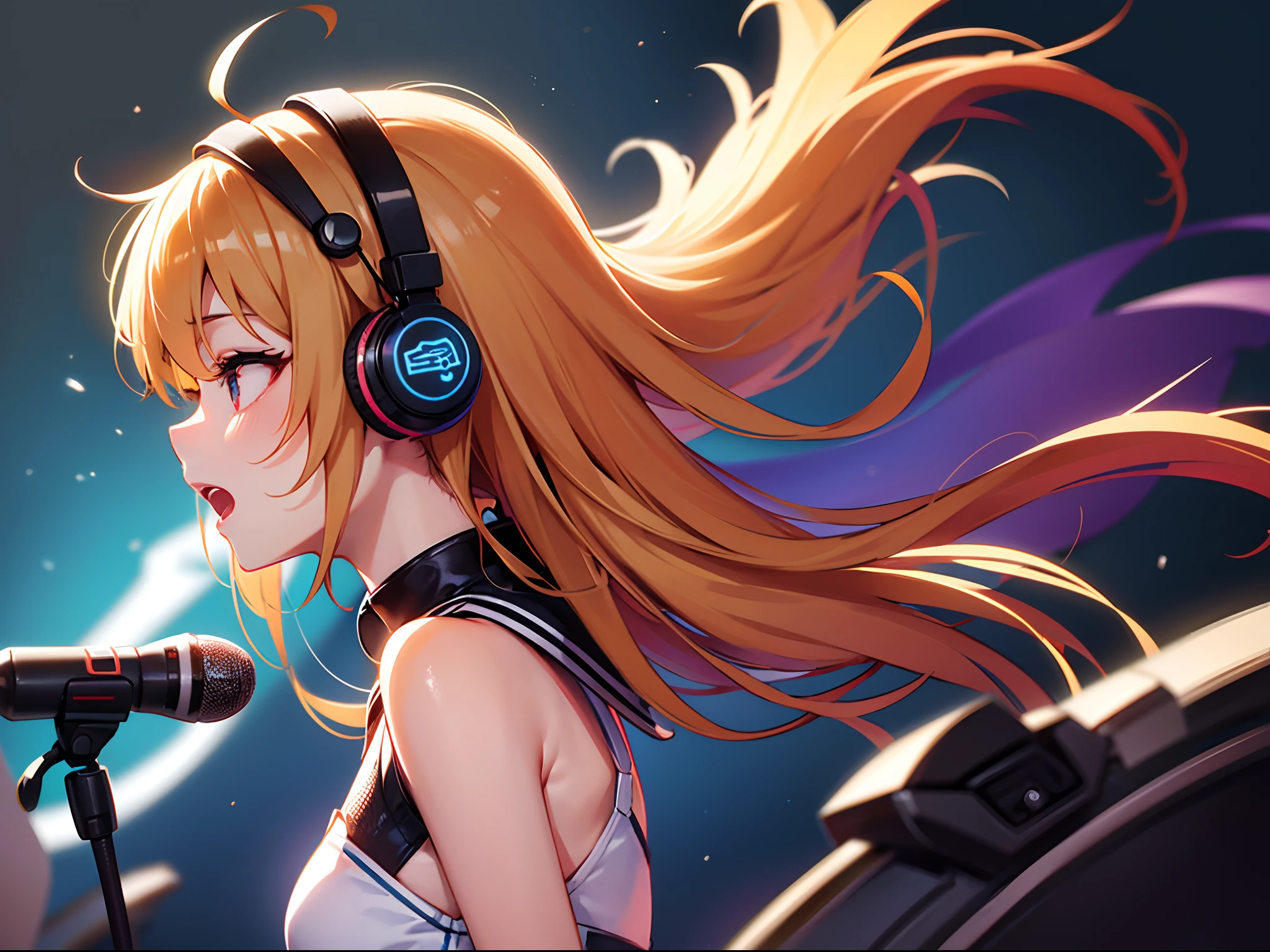Profile of singing girl、Stand Microphone、headphones、enjoyably、pop、perspiring、Back lighting、
