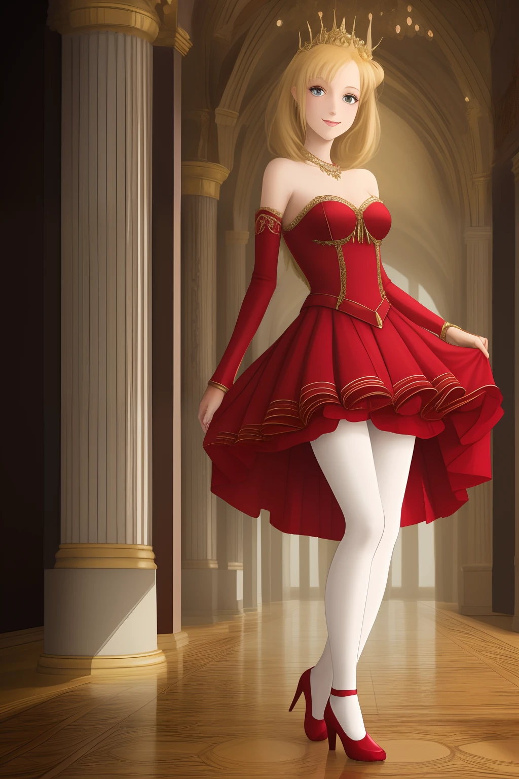 An anime princess standing elegantly in her palace. She has blond hair and green eyes. She wears fancy red satin dress, dark purple pantyhose and red ballet shoes. She smiles.