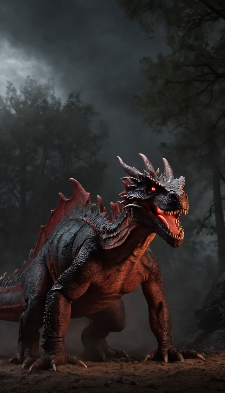 A cinematic photorealistic shot of Horned black and red (dragon|
t-rex|godzilla|venom), rectangular red neon eyes, Eye flickering, dilated pupil, scaly skin, raining Lightning, Biting a scary person, bloody snout, sharp red eyes, Muscular, angry, muscular body, angry look, veins standing out, flesh eating, foggy night environment, Fire burning the environment, Trees on fire, dark forest, dark environment, dramatic lighting, horrible, Resident Evil, silent hill, (live action shot) (moving towards camera)