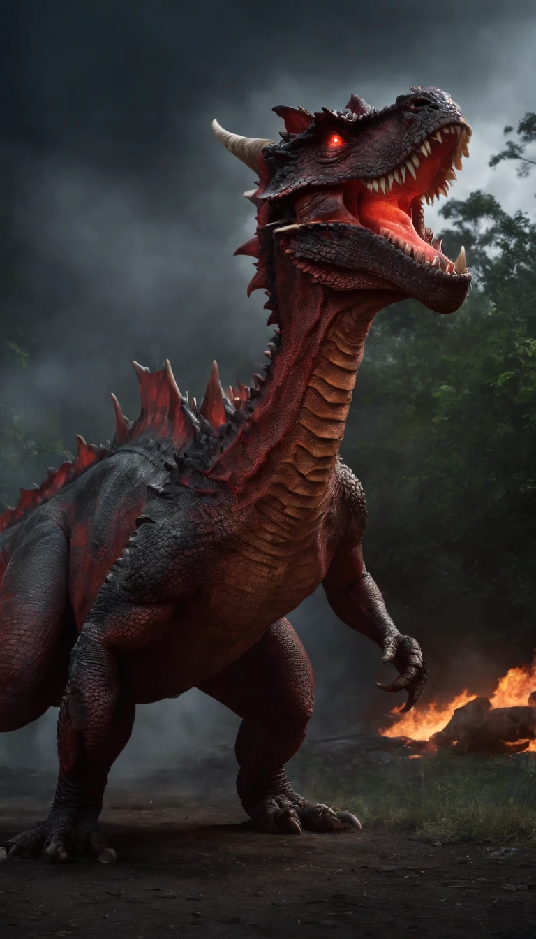 A cinematic photorealistic shot of Black and Red Horned (Dragon|payaso|
T-rex|Godzilla|veneno), Neon red rectangular eyes, Parpadeo de los ojos, pupila dilatada, ictiosis, Raining lightning, Morder a una persona aterradora, hocico ensangrentado, Ojos rojos agudos, muscular, enojado, cuerpo musculoso, mirada enojada, venas que sobresalen, Comer carne, Ambiente nocturno brumoso, Fuego quemando el medio ambiente, Burning Trees, Bosque oscuro, ambiente oscuro, Dramatic lighting, horrible, Resident Evil, Colina silenciosa, (Real Action Plane) (Move to the camera)