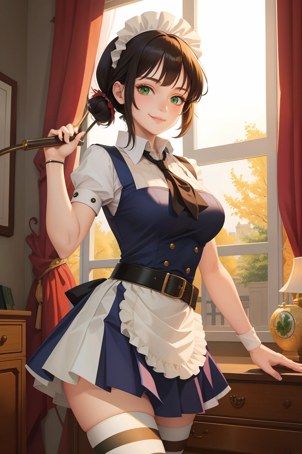 Highly detailed, High Quality, Masterpiece, beautiful, MarieP4, 1girl, solo, black belt, cowboy shot, light smile, striped thighhighs,green eyes, maid uniform,