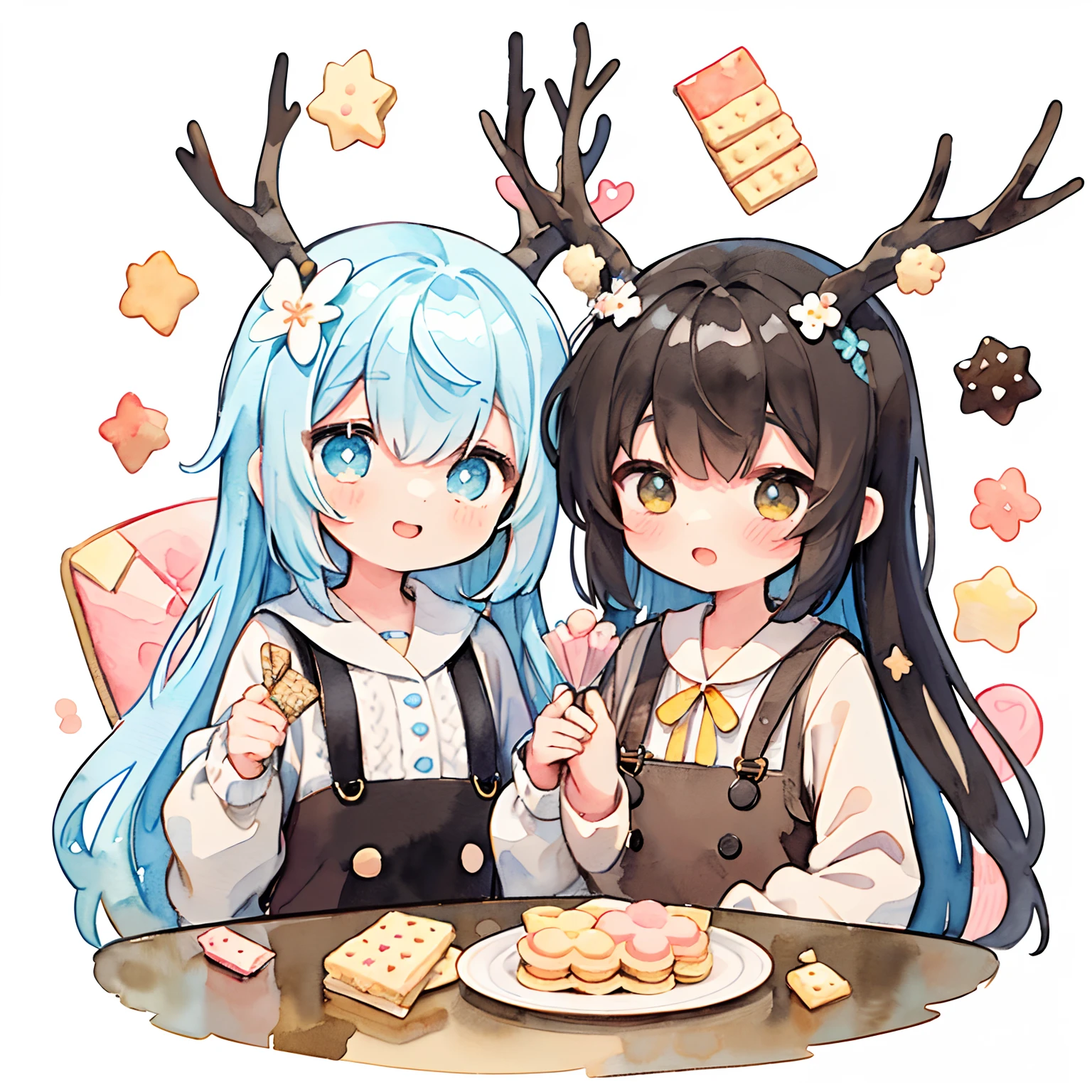 (PastelColors:1.5)、(Cute illustration:1.5)、(watercolor paiting:1.2)、(1girl in:1.0)、hair between eye、White background、girl with、full body Esbian、deers, Deer Girl, Deer antlers、Black knitted long sleeve clothing, Good Style、Brown shorts、suspenders、Loved by animals、Glitter in the heart、White and light blue motifs, Light blue,lightblue hair、 Cute, Floral ornament on the head、ivy、butterflys、length hair, Smile, Upper body, Fantasy, Detailed picture、A slight smil、Very cute、adolable、Howa Howa、Rice crackers in hand、Holding the cracker with both hands、Buried in crackers、Stunned face、cracker、Lots of crackers