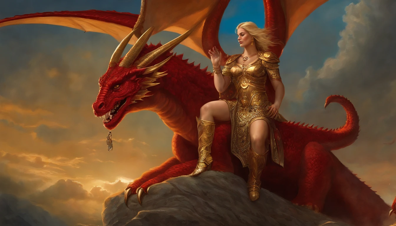 I saw a woman riding a crimson beast. The body of the beast was filled with blasphemous names, Seven heads, And ten horns.
  She was dressed in crimson and crimson, Decorated with gold, gemstones, And pearls, And in her hand was a cup of gold, full of ugly and filthy things from her fornication.
  And on his forehead "Babylon the Great, The prodigal son of the earth and the mother of all the ugly things"It was written symbolically.
   And I saw her drunk with the blood of the saints and the blood of those who were martyred for Jesus.Another sign appeared in the sky. This time, A large red dragon appeared., 7 Head and, He had 10 horns,, A crown was placed on each head, Holding a golden ball in your hand, Illustration of a woman riding a dragon, Full-color painting, Akira in Chinese mythology, Epic full-color illustration, Clyde Caldwell(Clyde Caldwell)Inspired by, Aries fiery Ram Taro, Dragonlance Illustration, Gilgamesh, Tarot Card Chariot, Songs inspired by Larry Elmore, Color Illustration, Mythological works, Larry Elmore : 0. 5, victory