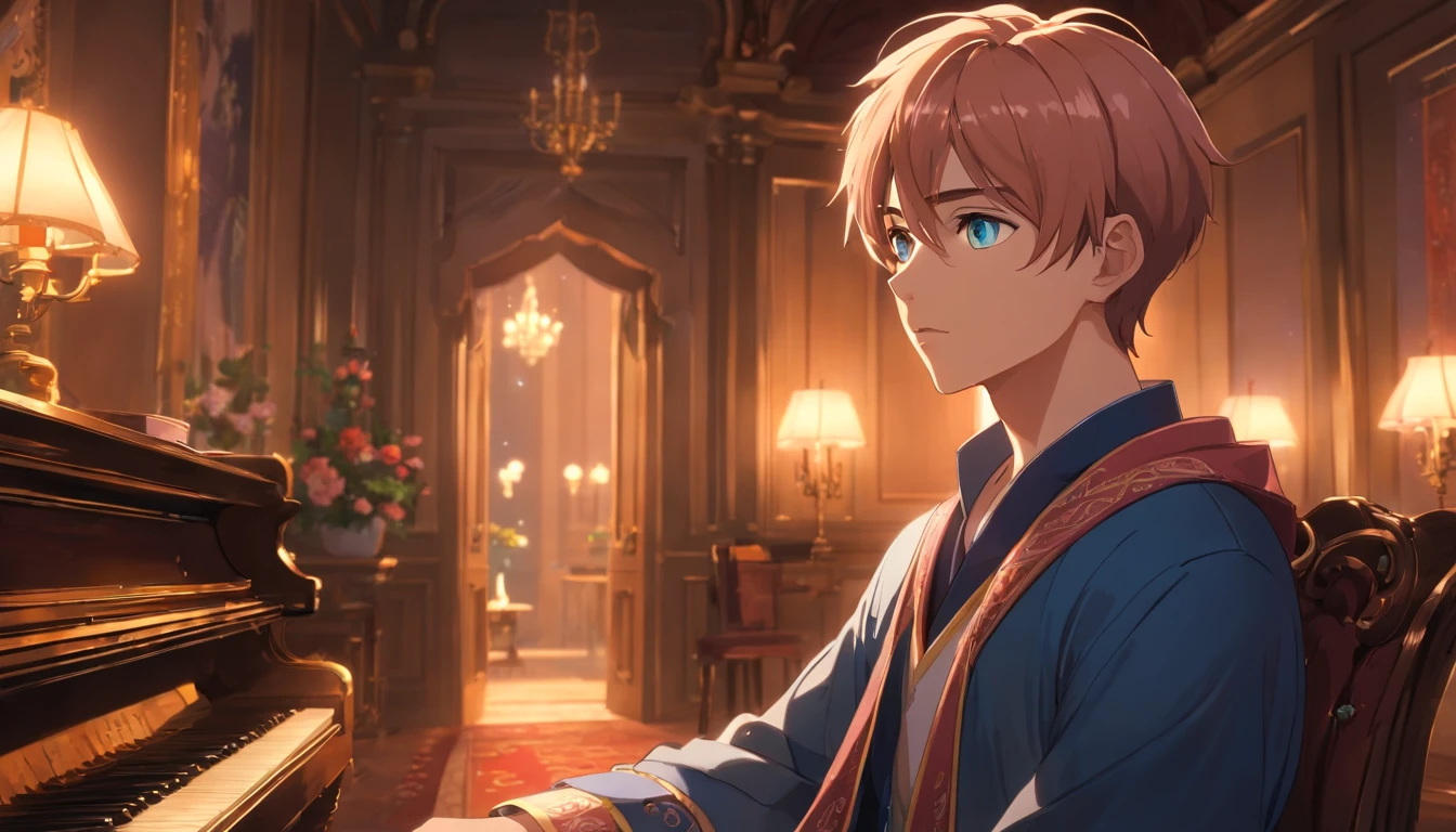 (highres:1.2),european,victorian,luxurious room,tinted window on the wall,ornate furniture,velvet curtains,antique chandelier,detailed ceiling decoration,golden accents,vibrant colors,soft lighting,shadows and highlights,wooden flooring,exquisite tapestries,elegant porcelain vases,elaborate picture frames,richly patterned wallpaper,candle holders,fine china tea set,delicate lace doilies,intricate wood carvings,plush cushions,grand fireplace,opulent draperies,refined oil paintings,reflected light,grand piano in the corner,dominant red rose bouquet,fleur-de-lis motif,carved mahogany bookshelf,vintage mirrors,comfortable armchairs,dimmed ambiance,romantic atmosphere, ((1male)), 8k quality, 8k, ((mid-teen guy)), (young age), light brown Indian skin. (masterpiece), (young looking), head and body silted to left direction, detailed face, cosy vibe, ethereal moonlight coming from the left, close-up photography, wearing a dark brown coat, a minimal cinematic photography of a teenage young guy squinting his eyes while staring at the viewer, empty eyes, volumetric lighting, dynamic lighting, raytracing, RTX, (peach-coloured hair), emotionless innocent expression, (blue crystal eyes), glowing eyes, hyperrealistic lighting, (dramatic lighting), short hair, smooth details, ((short hair)), drawn by Sam Yang, white eyebrows, while eyelashes, pink and red sunlight hitting him, he is 14 years old, grey woollen scarf which is wrapped around the neck and flying back, night time, in the style of Sam Yang