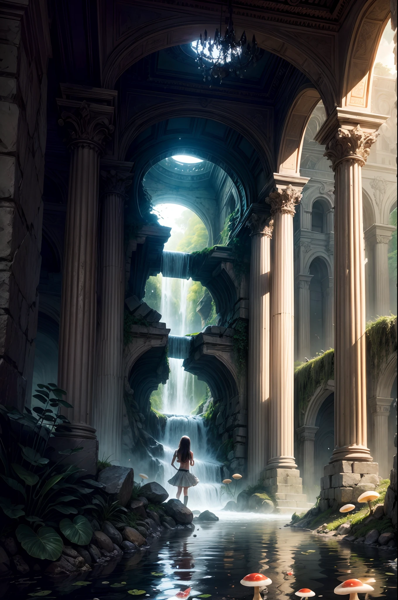 "Mysterious ruins, girl's adventure, waterfall's secret, glowing mushrooms, enchanting mystique, rule of thirds composition"
