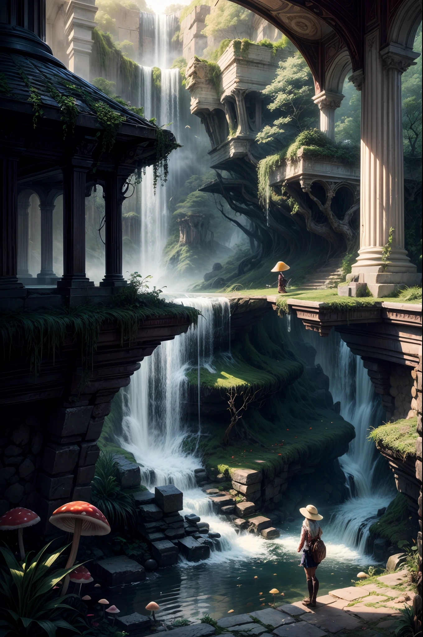 "Mysterious ruins, girl's adventure, waterfall's secret, glowing mushrooms, enchanting mystique, rule of thirds composition"