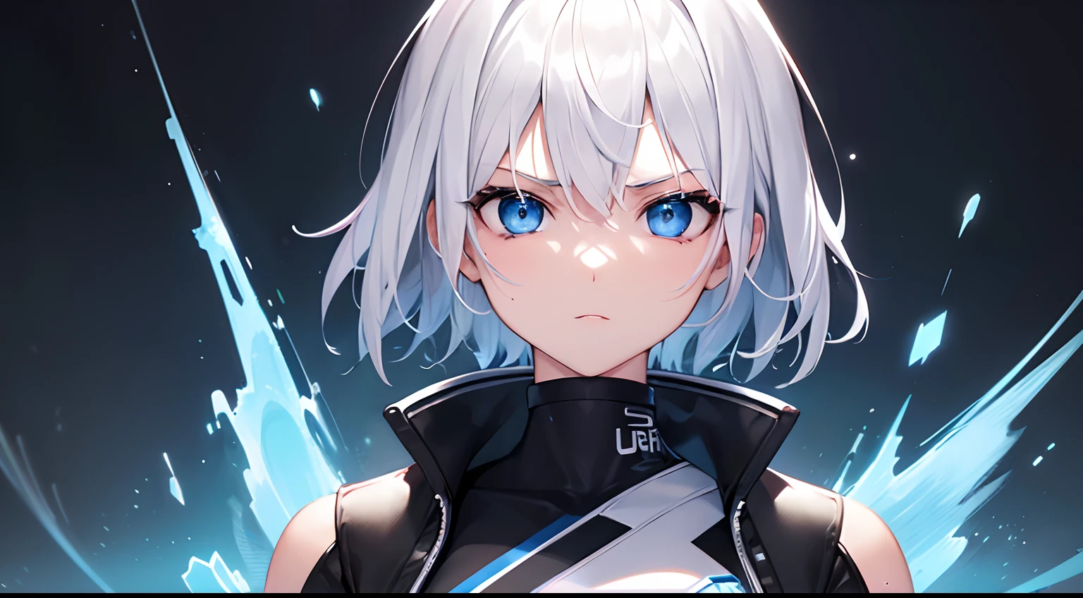 1girl, techwear swimsuit, blue eyes, white hair, ultrasharp, short hair, 8k, looking at viewer, mean stare