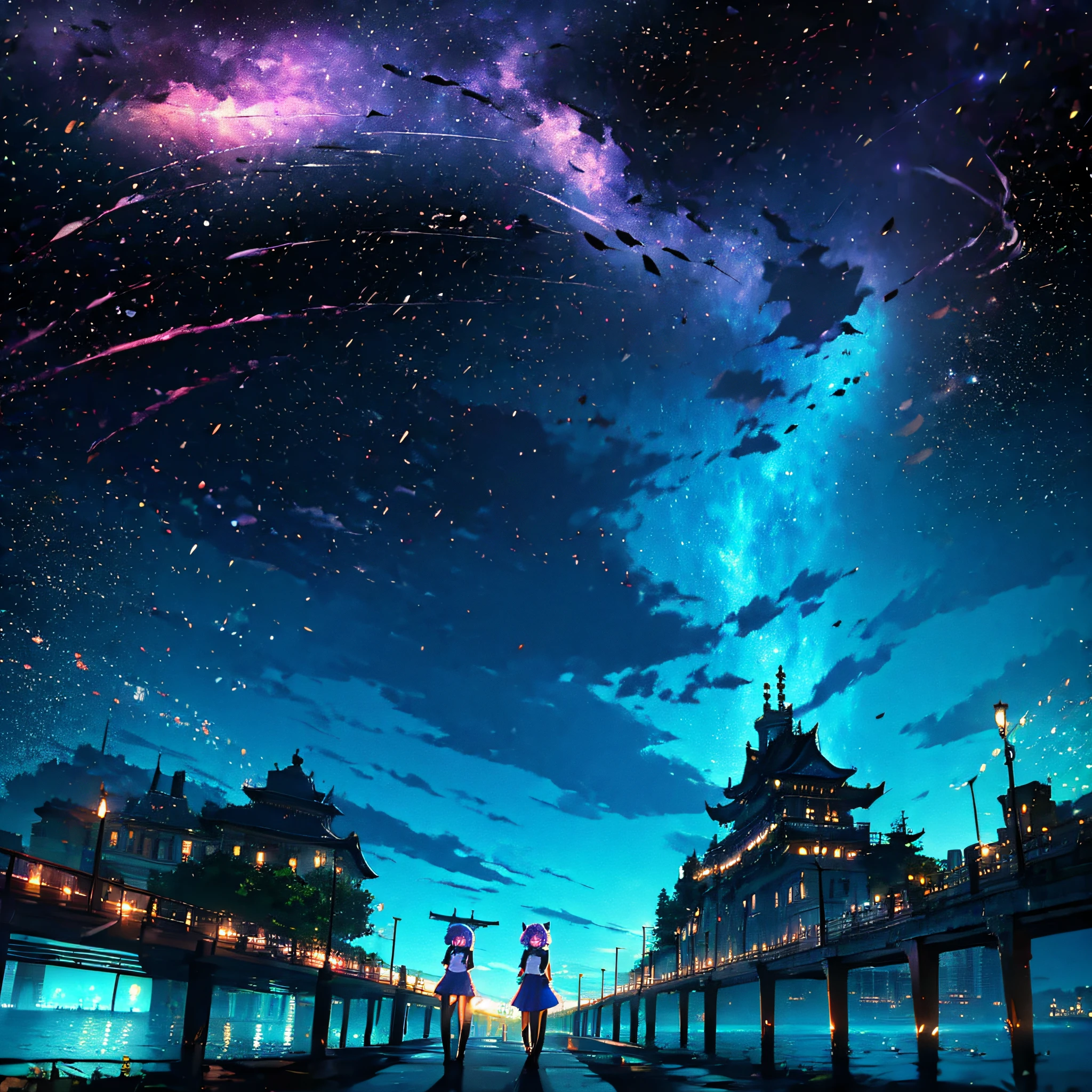 (masutepiece:1.3), (Best Quality:1.3), High resolution, Couboy Shot, I'm on the street with my arms outstretched and a big smile on my face.、Retro cityscape、Spread your arms、Hair color is purple、Blue Mesh、Squat position、Being in the sea(3:5)、Vivid sea、Iridescent Sea、huge smile、Spectacular background、The sun's rays illuminate her so beautifully, (One Cute Girl:1.3), 、Short hair, Maid headdress, X Hair Ornament, Hair Ribbon, Hair over one eye, Large breasts, frilld, Neck ribbon, cleavage, Dress, Detached sleeves, White Apron, Waist apron, White pantyhose