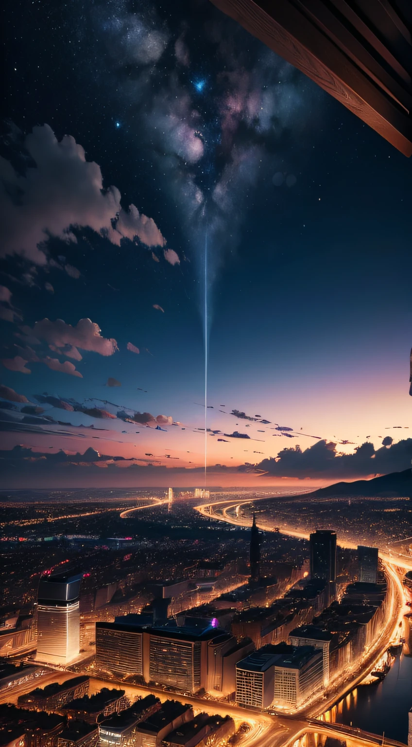 night sky, above city, absurdres, high res, ultrasharp, 8k, masterpiece