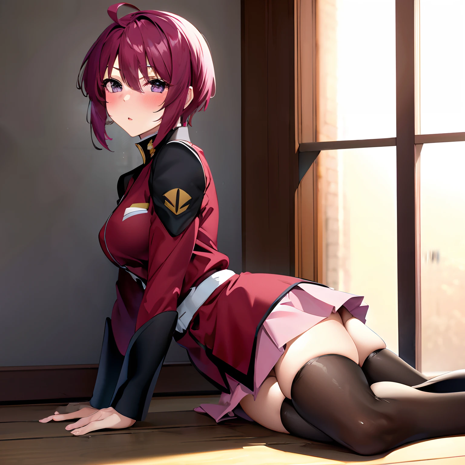 masterpiece, best quality, highres, 1girl, solo, pink skirt, military uniform, short hair, ahoge, black thighhighs, red hair, purple eyes, purple hair, long sleeves, blush, sexy pose, crawling on the floor, seductive pose, museum, full shot, side view