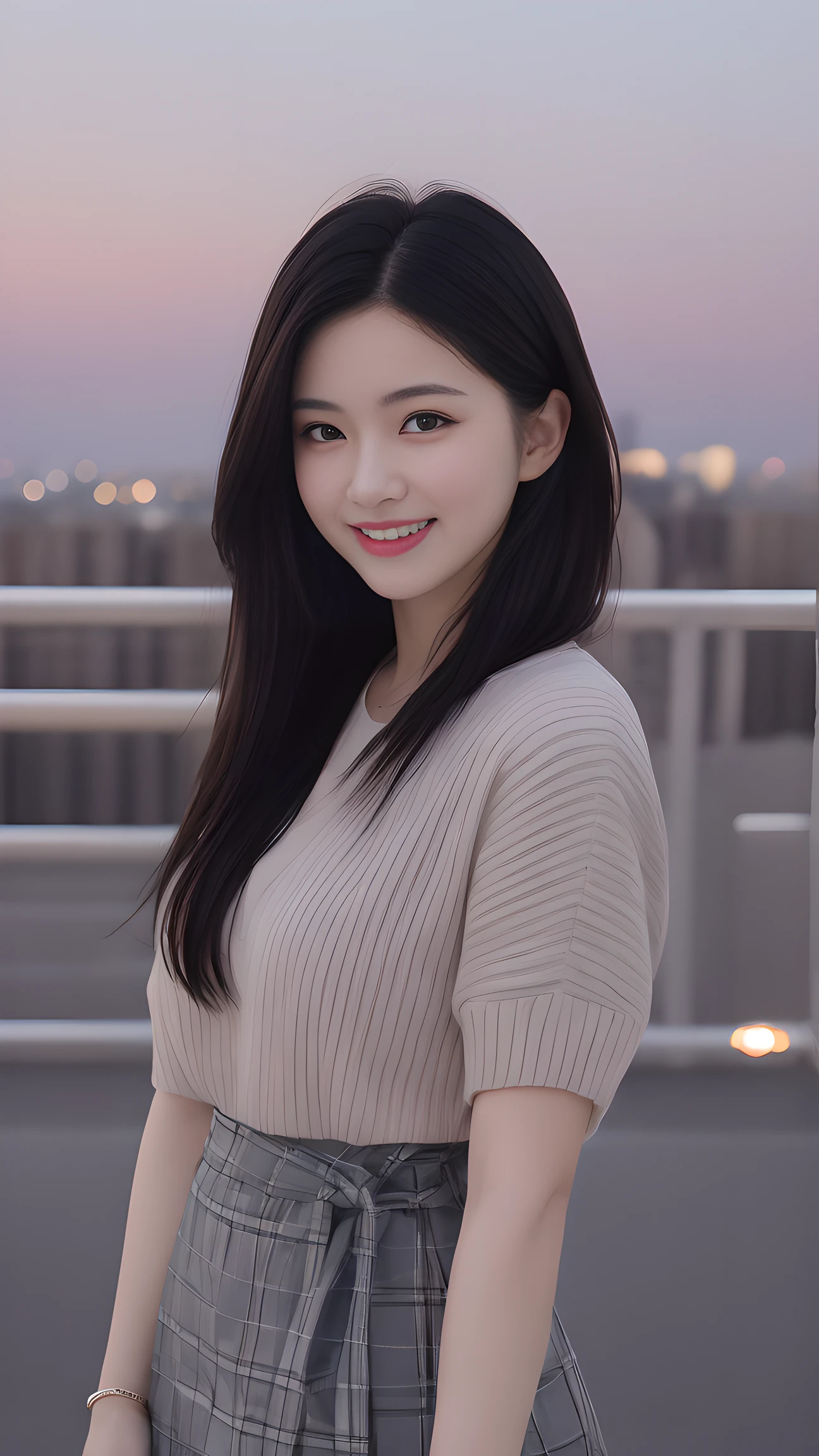 , long windblown [blue-black:.3] hair,looking at viewer, (masterpiece:1.3), (8k, photorealistic, RAW photo, best quality: 1.4), japanese, (1girl), beautiful face, (realistic face), (black hair, medium hair:1.3), beautiful hairstyle, realistic eyes, beautiful detailed eyes, (realistic skin), beautiful skin, attractive, ultra high res, ultra realistic, highly detailed, golden ratio, blue fluffy loose sweater and black plaid skirt, upper body, sagging breasts, happy smile, night rooftop, city view, ultra detailed, hyper sharp, sharp focus, K-pop idol, J-pop idol,