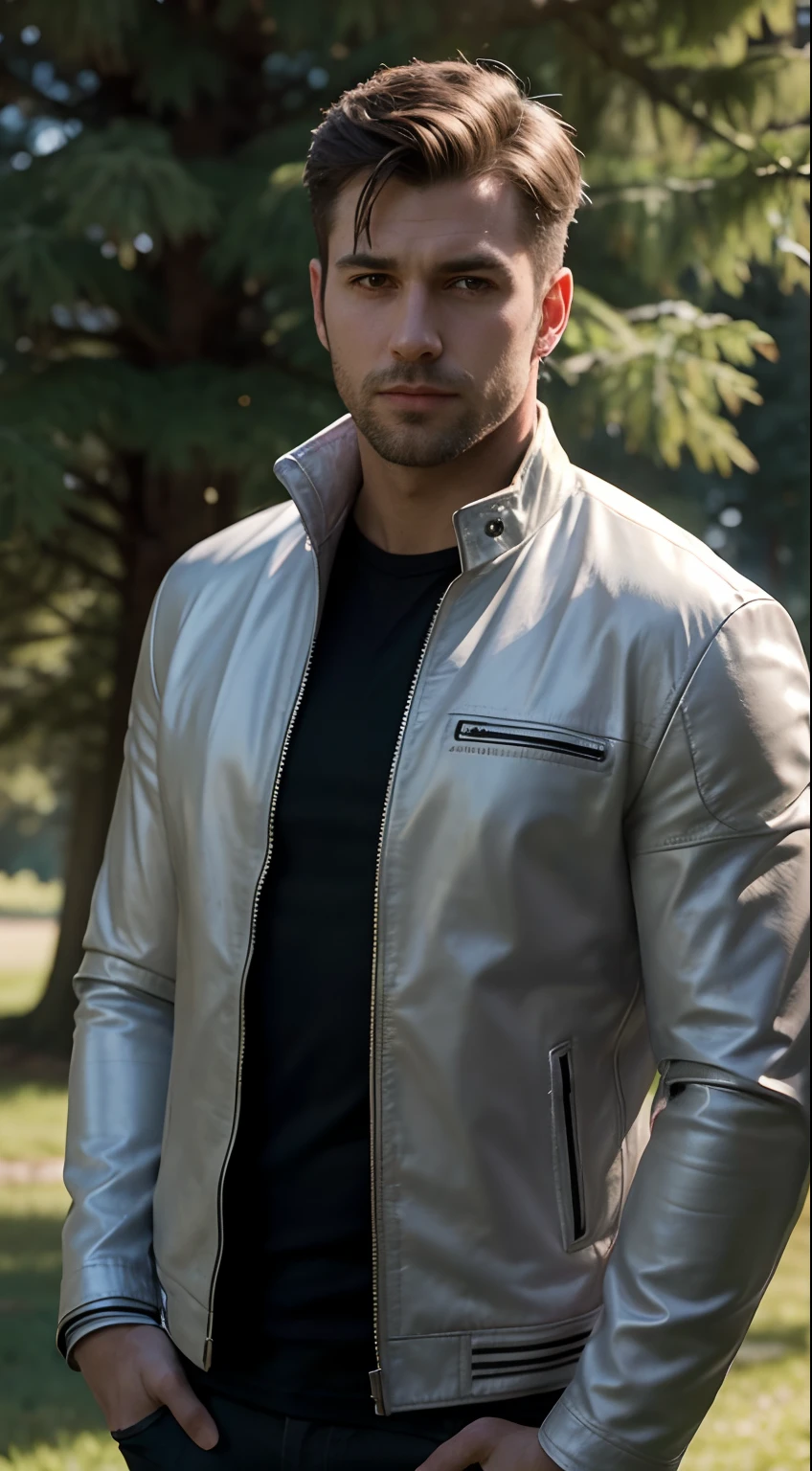Handsome guy,Ultra-realistic detailed rendering,background blur, wearing a dark white leather jacket, with his whole body visible,staight hair,standing beside the tree, and with a tree behind him, and with a little light?