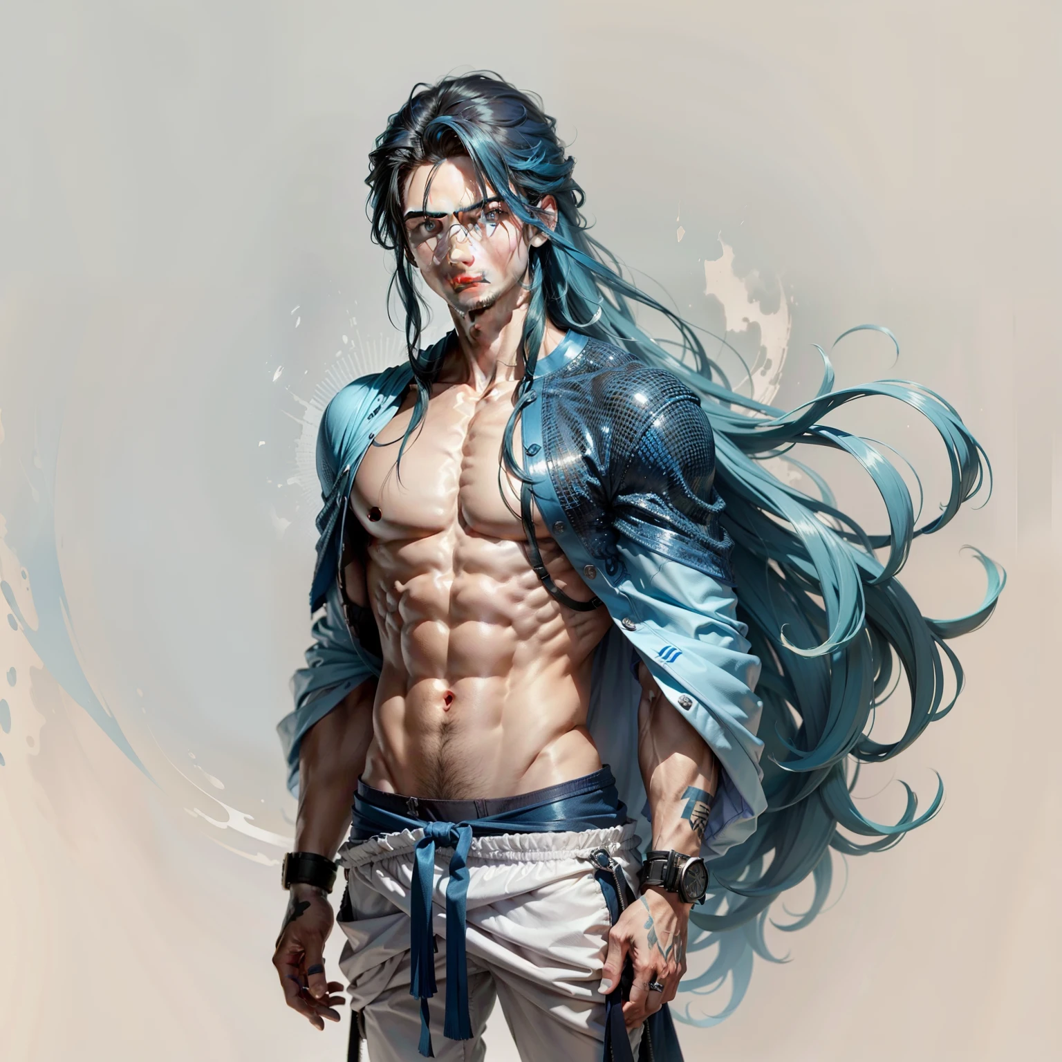 A young human male，mid - length hair，blue color eyes，No muscles