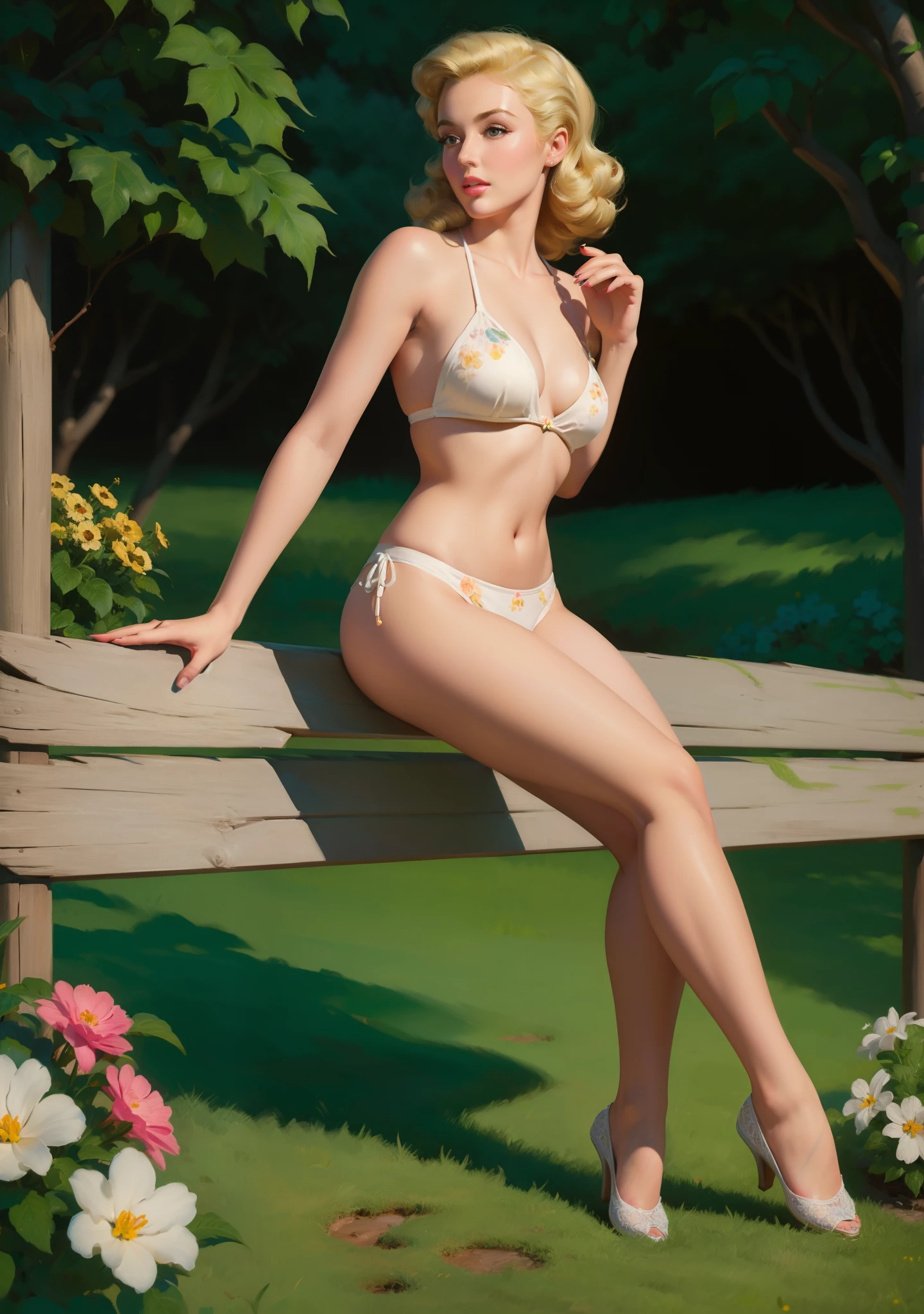 (masterpiece:1.4), (best quality:1.4), retro vintage pin-up style, extremely detailed, intricate, hyper-detailed, (detailed hand,fingers, legs),illustration, soft lighting, 20 years old pin-up girl, Blonde hair, (perfect_face), sitting on fence, in the garden, flowers blooming, two piece bikini, intricate, dramatic lighting, 4k, detailed_background, caustics, full_body, digital_illustration