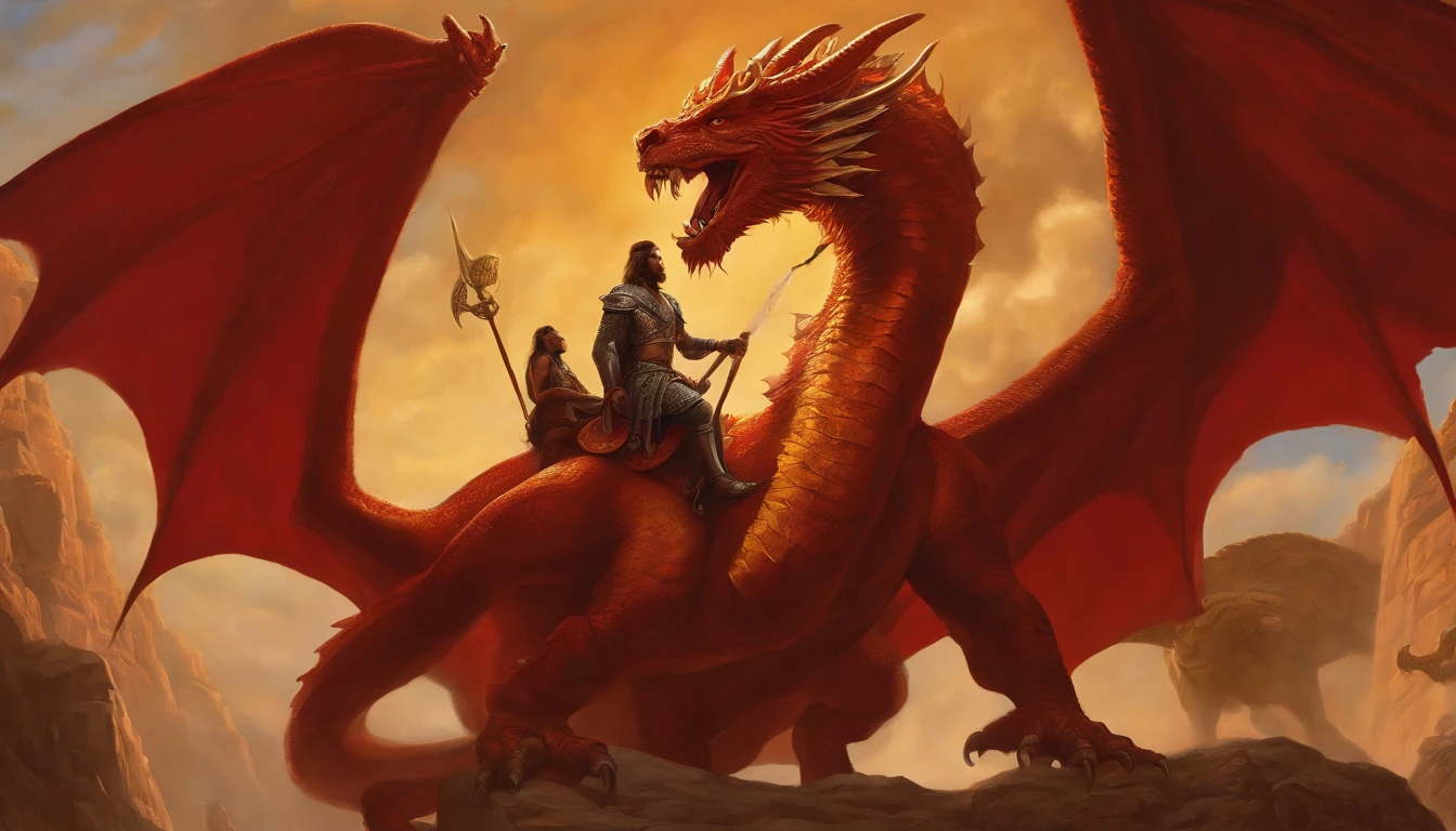 I saw a woman riding a crimson beast. The body of the beast was filled with blasphemous names, Seven heads, And ten horns.
  She was dressed in crimson and crimson, Decorated with gold, gemstones, And pearls, And in her hand was a golden goblet, It's full of ugly and filthy things from her fornication.
  And on his forehead "Babylon the Great, The prodigal son of the earth and the mother of all ugly things"It was symbolically recorded.
   And I saw that she was drunk with the blood of the saints and the blood of those who were martyred for Jesus.Another sign appeared in the sky. This time, A large red dragon appeared., 7 Head and, He had 10 horns,, A crown was placed on each head, Holding a golden ball in your hand, Illustration of a woman riding a dragon, Full-color painting, Akira in Chinese mythology, Epic Full Color Illustration, Clyde Caldwell(Clyde Caldwell)Inspired by, Aries fiery Ram Taro, Dragonlance Illustration, Gilgamesh, Tarot Card Chariot, Songs inspired by Larry Elmore, Color Illustration, Mythological works, Larry Elmore : 0. 5, victory