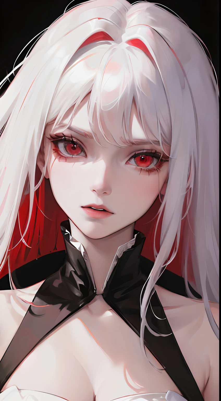 1girl, demonic girl, looking at the viewer, cold face, poker face, perfect face, crimson eyes, black revealing outfit, white hair, red fire in the background, perfect body structure, red long nails, highly detailed picture, 4k