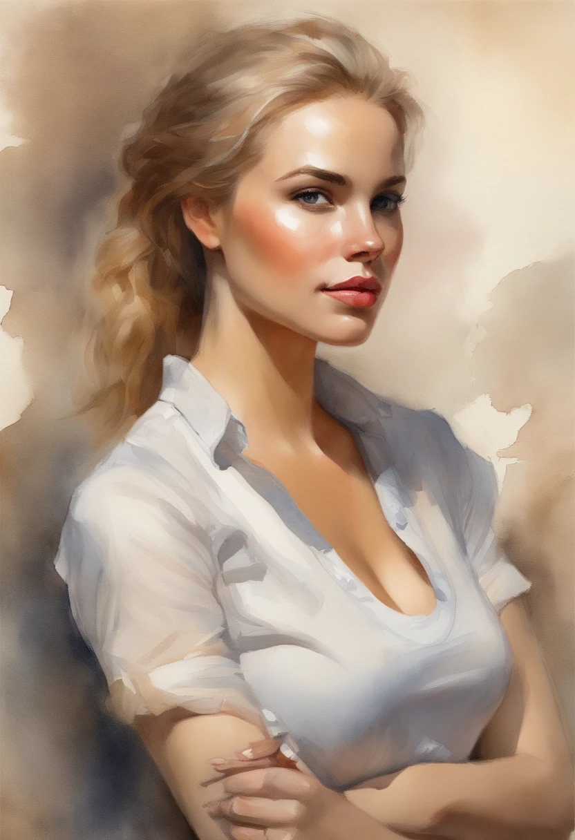 professional, (4k photo:1.1) by (Jeremy Lipking:0.3), (Dittmann Anna:0.3), (Arian Mark:0.3), (Sharp focus:1.3), high detail, wearing (tight shirt:1.2), beautiful detailed face, hazel eyes, short blonde hair, (attractive young woman:1.3), (seductive:1.1), (blushing:1.1), hourglass body shape, natural breasts, wide hips