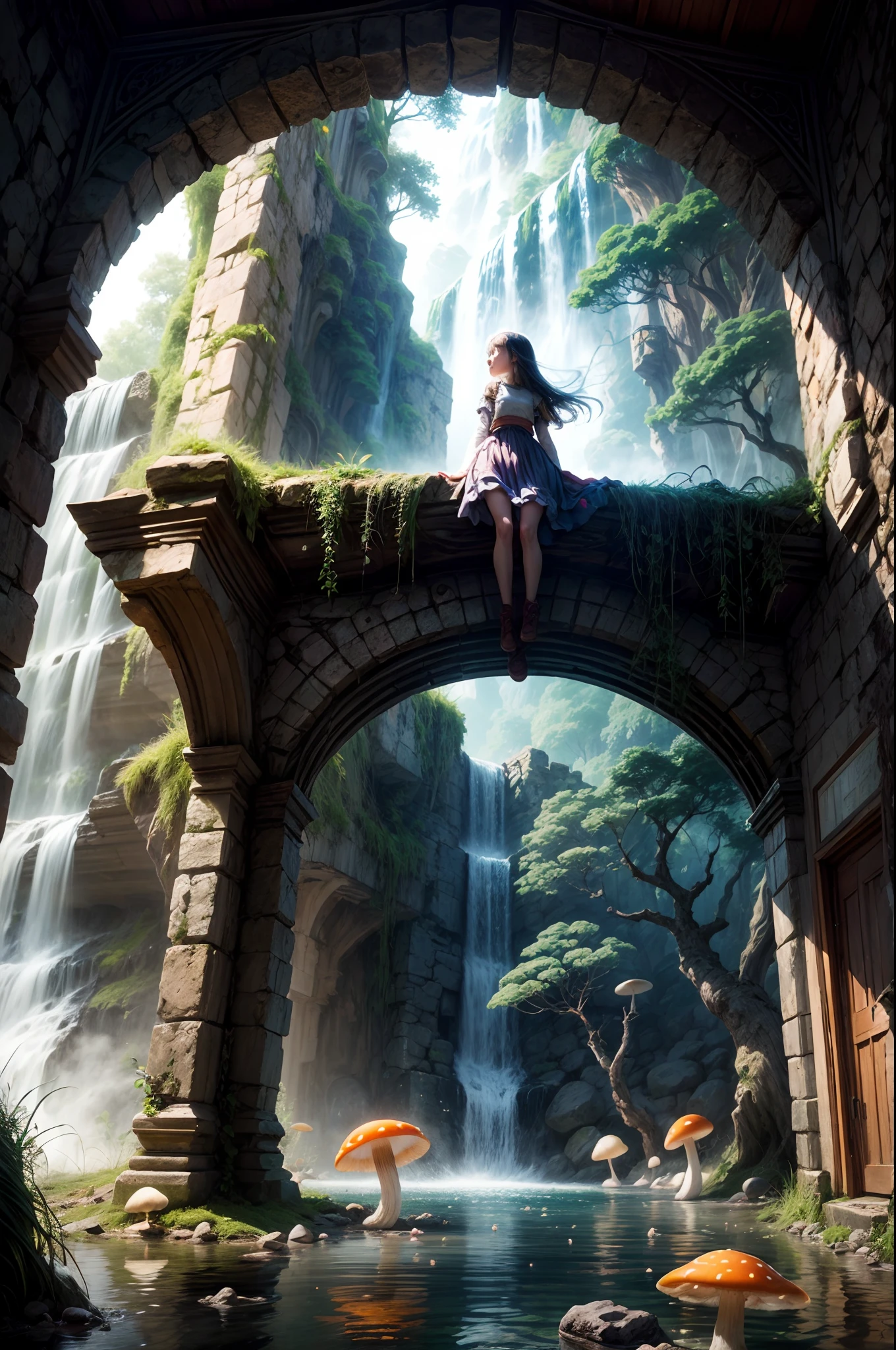 "Mysterious ruins, girl's adventure, waterfall's secret, glowing mushrooms, enchanting mystique, rule of thirds composition"