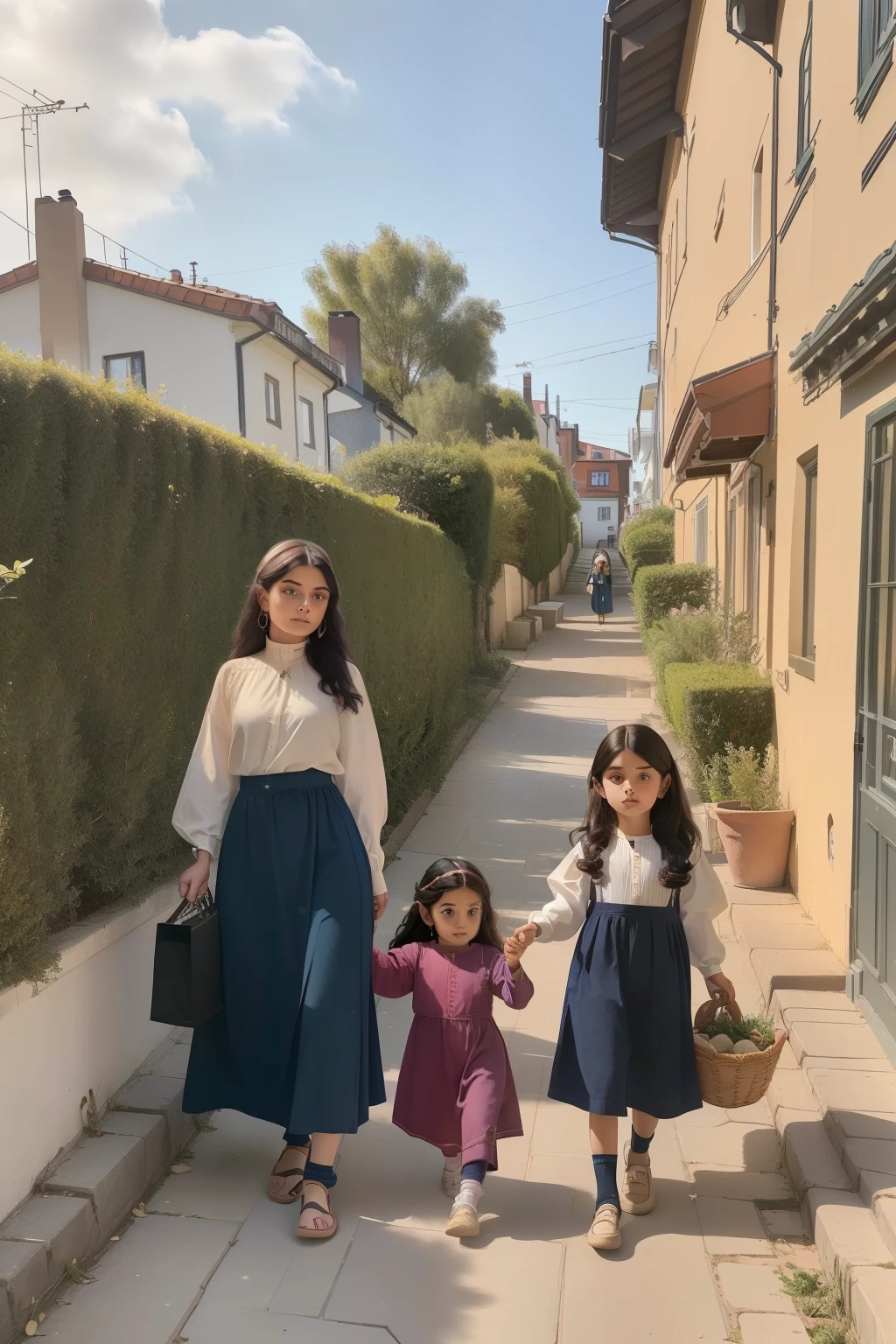 year: 2023. Location: Sweden. Pre-Raphaelite scene with a 3 and 7-year-old girls, persian, bringing a tray of food to their neighbour, terraced houses, ((((casual Clothing from the 2020s)))) ((Hairstyle of the 2020s)), (((in the style of "OMITB")))