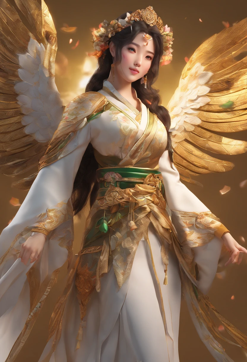 manhwa full body portrait of The Secret of Angel (True Beauty) manhwa , woman , dark brown hair, smiling, flying, olive wreath ,Thai Chakri costume gold colors , a woman to wrap over one shoulder around her chest and back, Hold hands with man wear a Thai Chakri costume gold colors, 3D rendering, high quality, realistic, yaongyi style