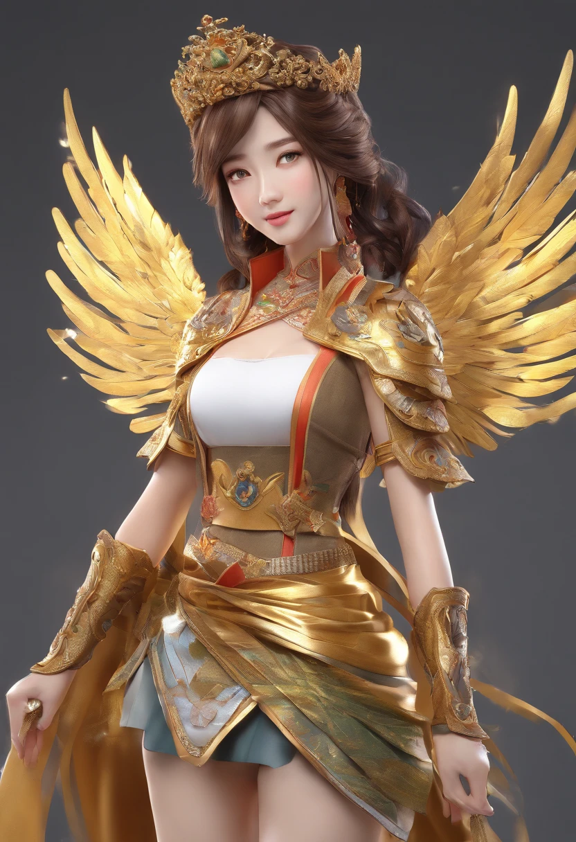 manhwa full body portrait of The Secret of Angel (True Beauty) manhwa , woman , dark brown hair, smiling, flying, olive wreath ,Thai Chakri costume gold colors , a woman to wrap over one shoulder around her chest and back, Hold hands with man wear a Thai Chakri costume gold colors, 3D rendering, high quality, realistic, yaongyi style
