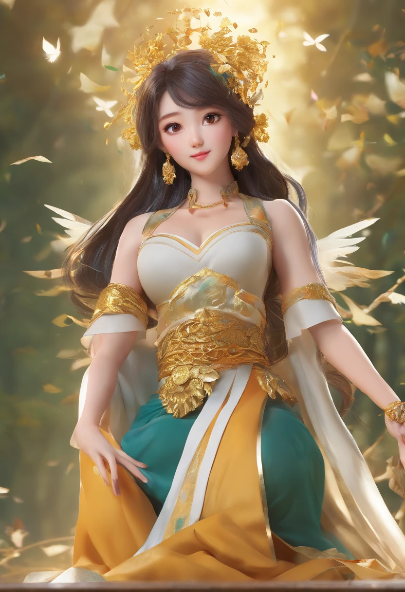 manhwa full body portrait of The Secret of Angel (True Beauty) manhwa , woman , dark brown hair, smiling, flying, olive wreath ,Thai Chakri costume gold colors , a woman to wrap over one shoulder around her chest and back, Hold hands with man wear a Thai Chakri costume gold colors, 3D rendering, high quality, realistic, yaongyi style