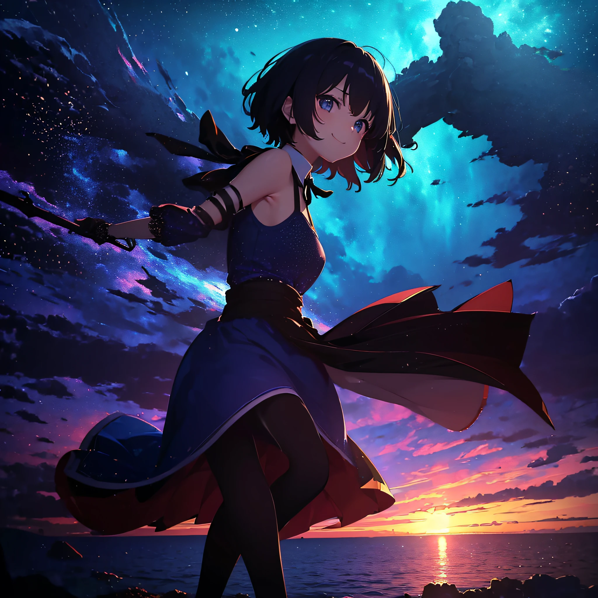 (masutepiece:1.3), (Best Quality:1.3), High resolution, Couboy Shot, I'm on the street with my arms outstretched and a big smile on my face.、Retro cityscape、Spread your arms、Hair color is purple、Blue Mesh、Squat position、Vivid sea、Iridescent Sea、huge smile、Spectacular background、The sun's rays illuminate her so beautifully, (One Cute Girl:1.3), 、Short hair, Hair over one eye, Large breasts, frilld, Neck ribbon, Swim in the sea、Spectacular sunlight seen from the deep sea、Dress, Detached sleeves, White Apron, Waist apron, White pantyhose